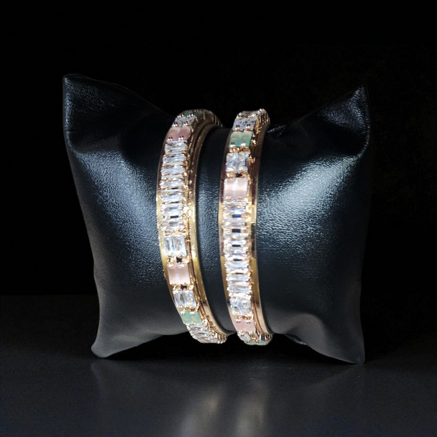 Rose Gold plated Stone AD Bangles – Elegant Green & Pink Accents