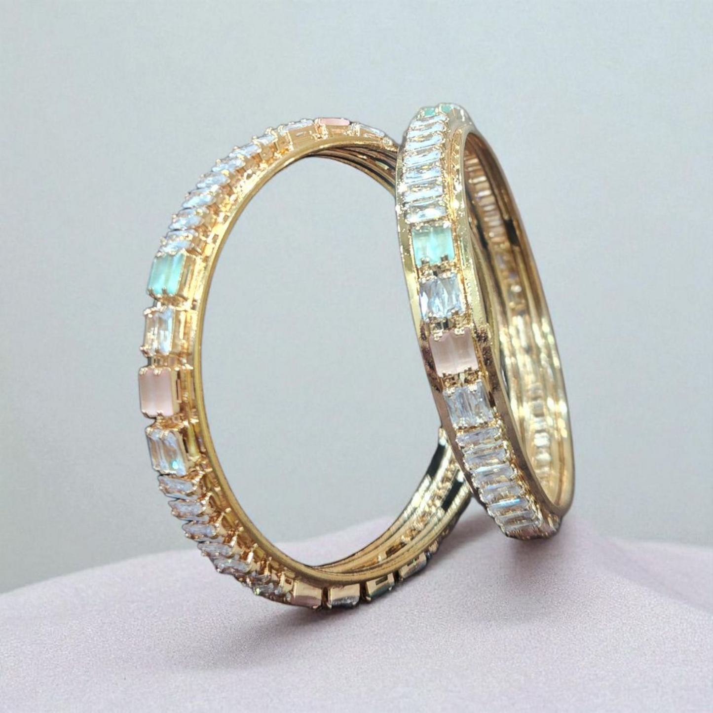 Rose Gold plated Stone AD Bangles – Elegant Green & Pink Accents