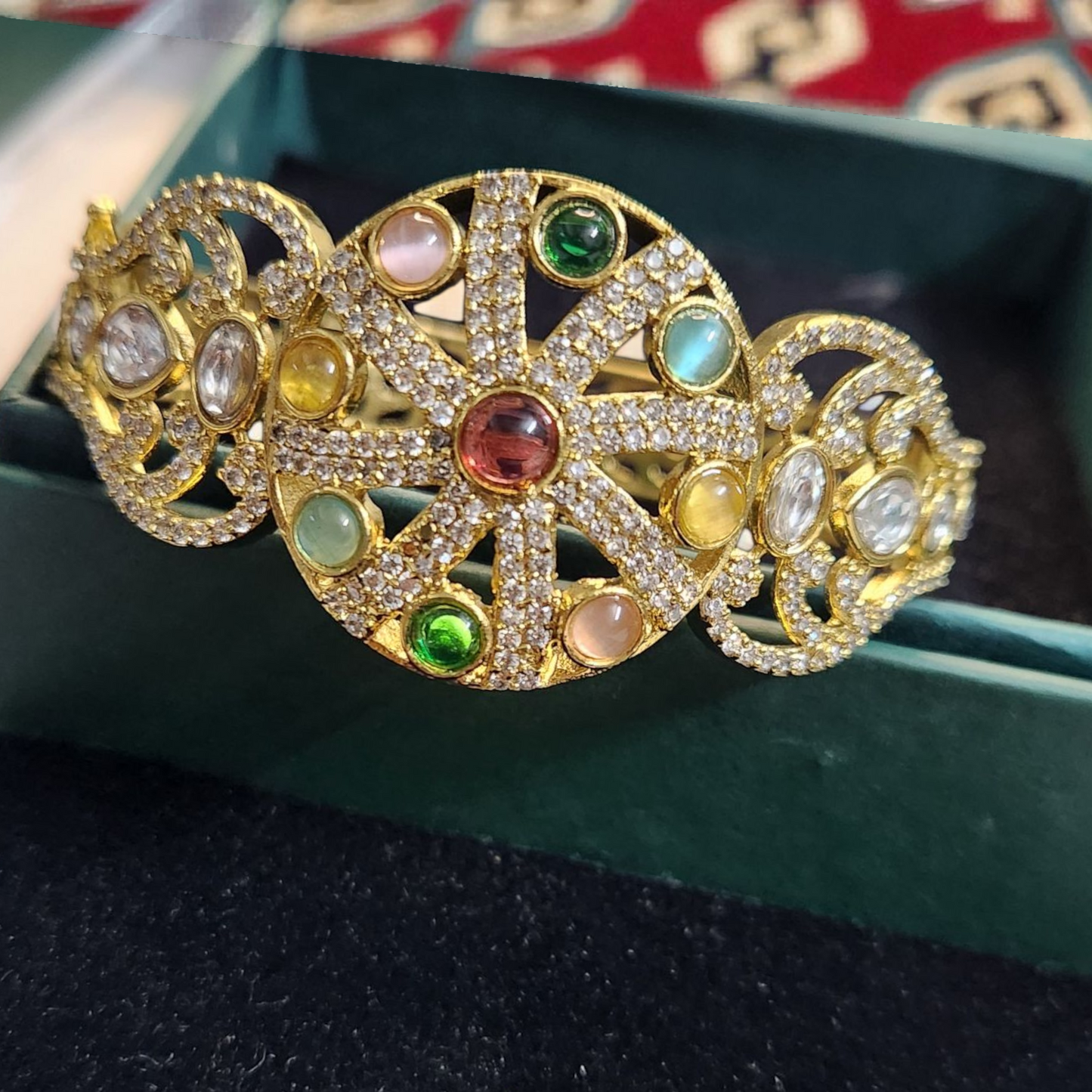 Navratna kundan polki Gold-Plated Designer Bracelet – Multicolor Gemstone Kada