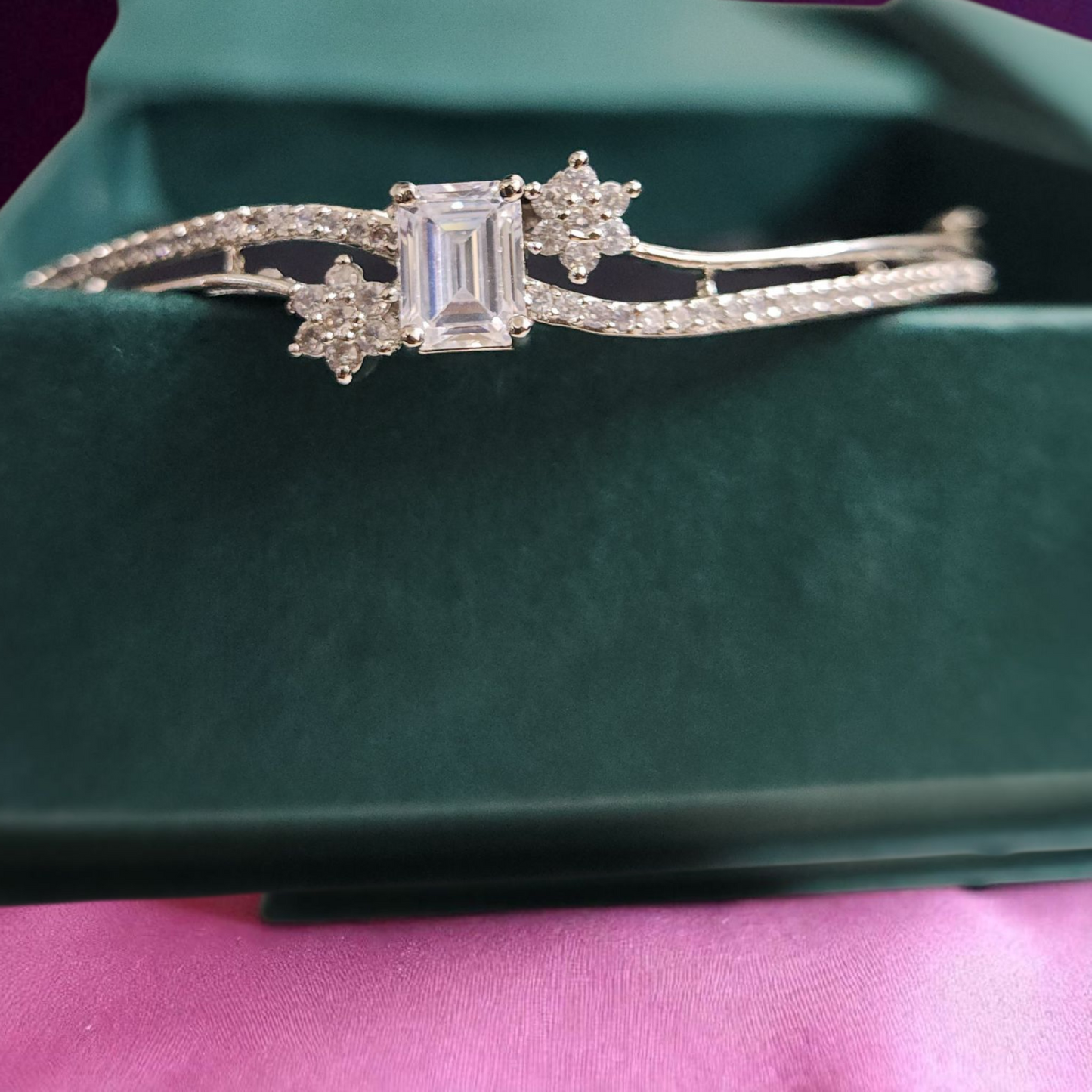 Square and floral Cut AD Bracelet – Silver-Tone CZ Bangle with Floral Accents