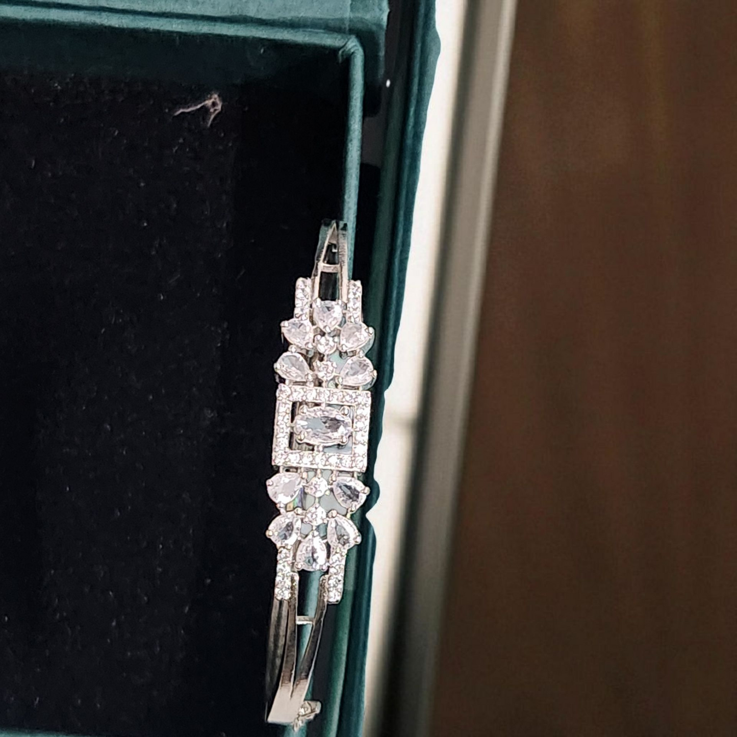 Square-Cut CZ Bracelet – Silver Bangle with Crystal AD Embellishments