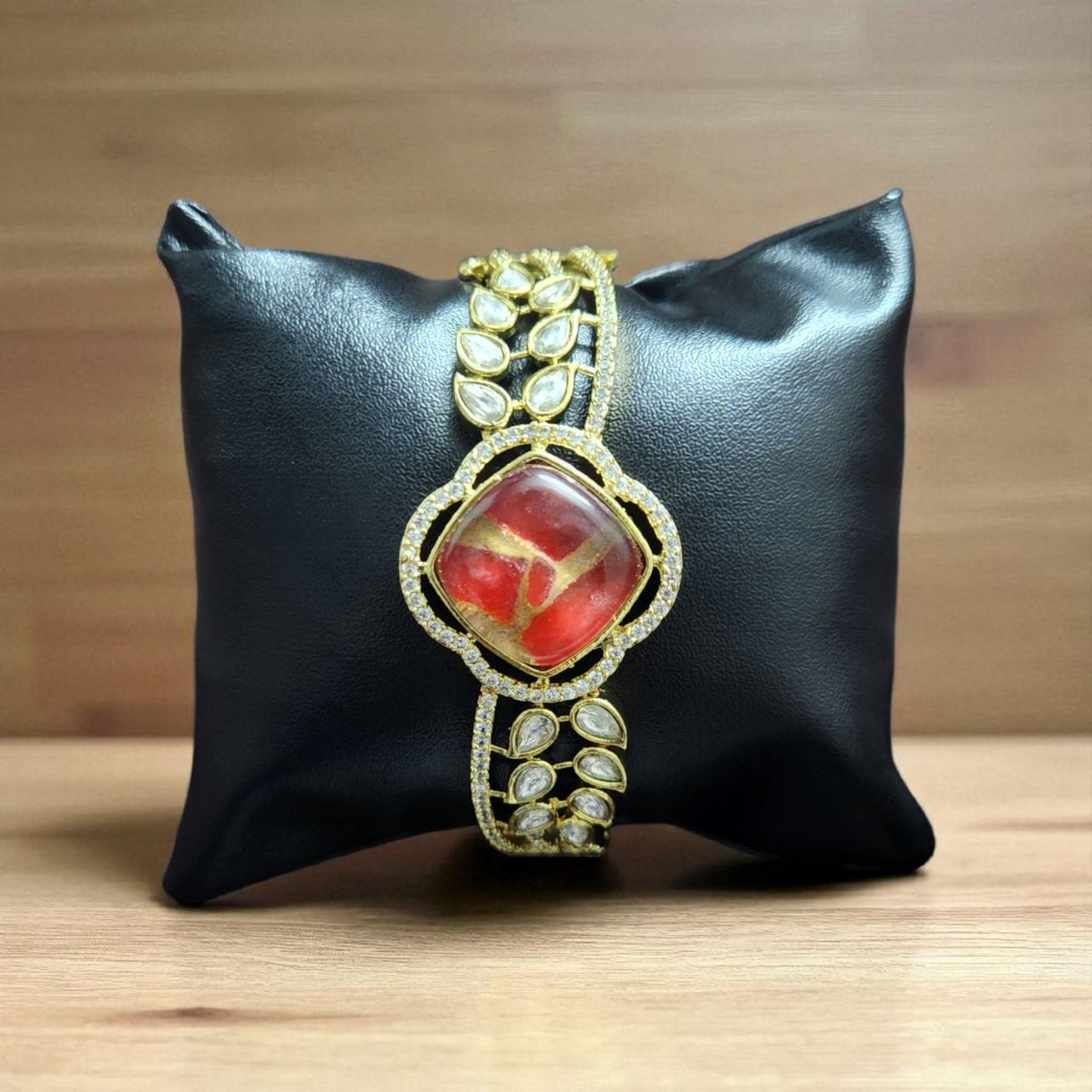 Gold-Plated Red Stone kundan polki Bracelet – Royal & Elegant Design