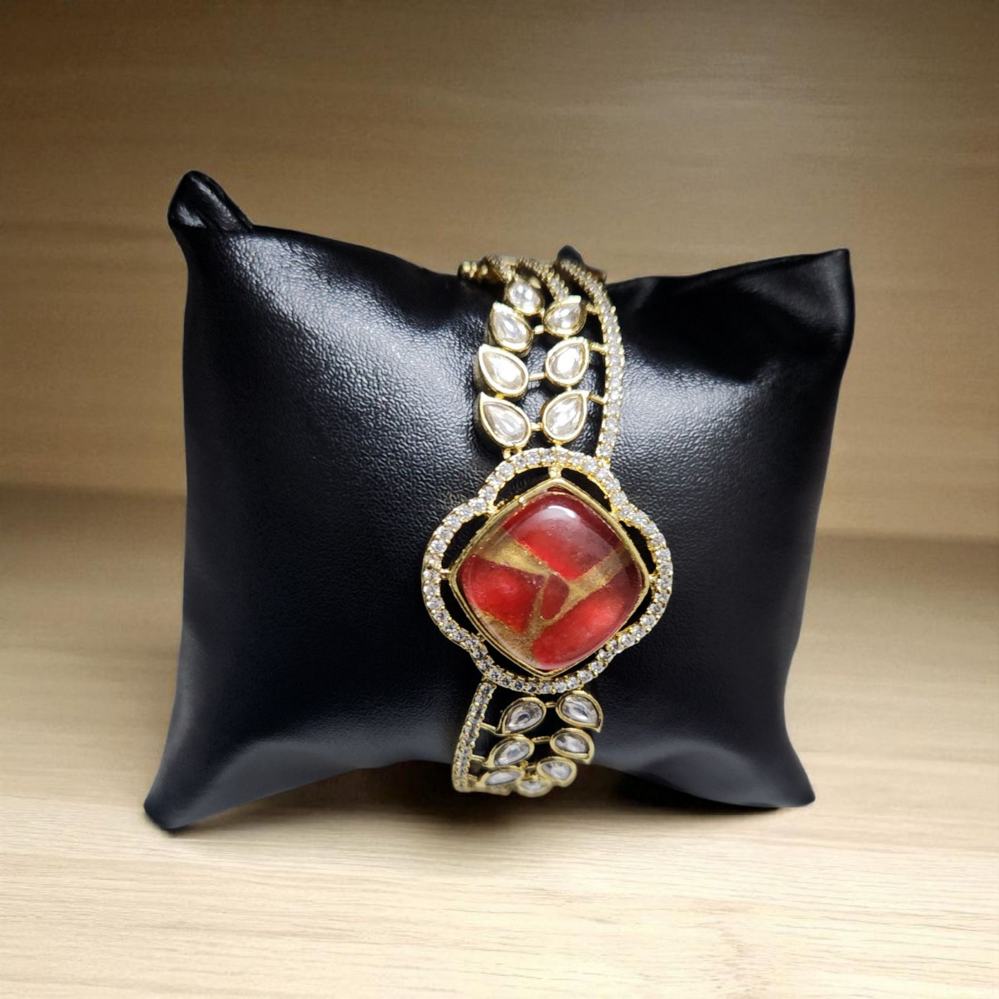 Gold-Plated Red Stone kundan polki Bracelet – Royal & Elegant Design
