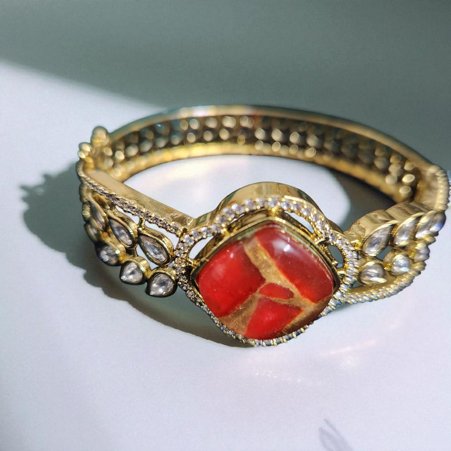 Gold-Plated Red Stone kundan polki Bracelet – Royal & Elegant Design