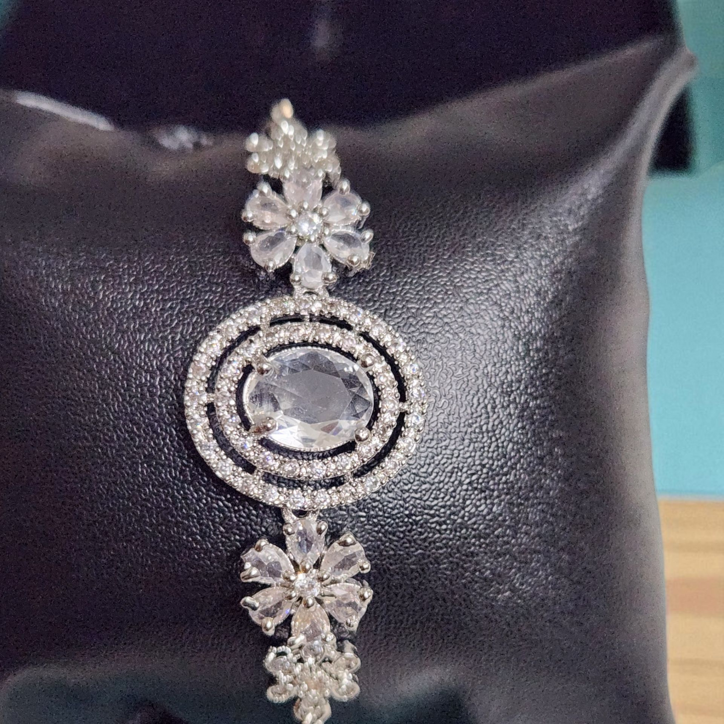 Floral Halo AD Crystal Bracelet – Elegant Silver Party Wear