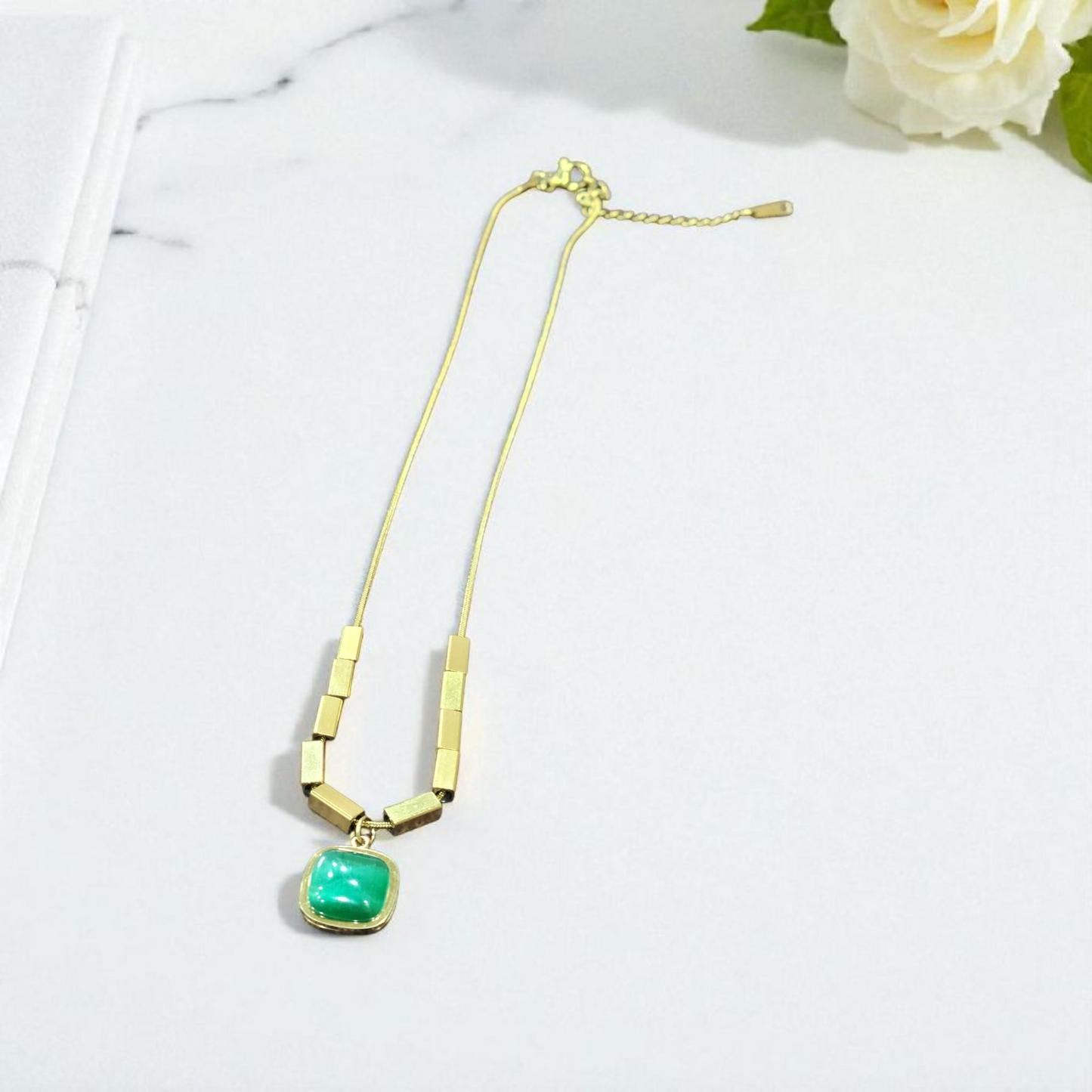 Anti tarnish Necklace with Green Stone Pendant
