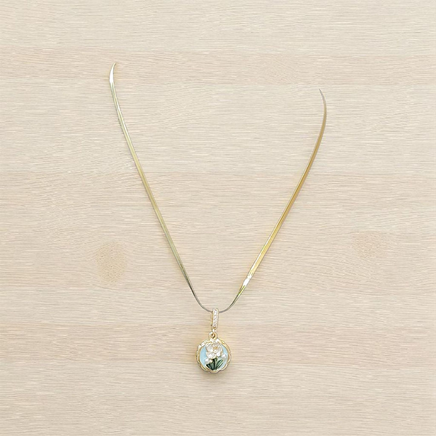 Anti tarnish Necklace with Enamel Aqua Floral Pendant