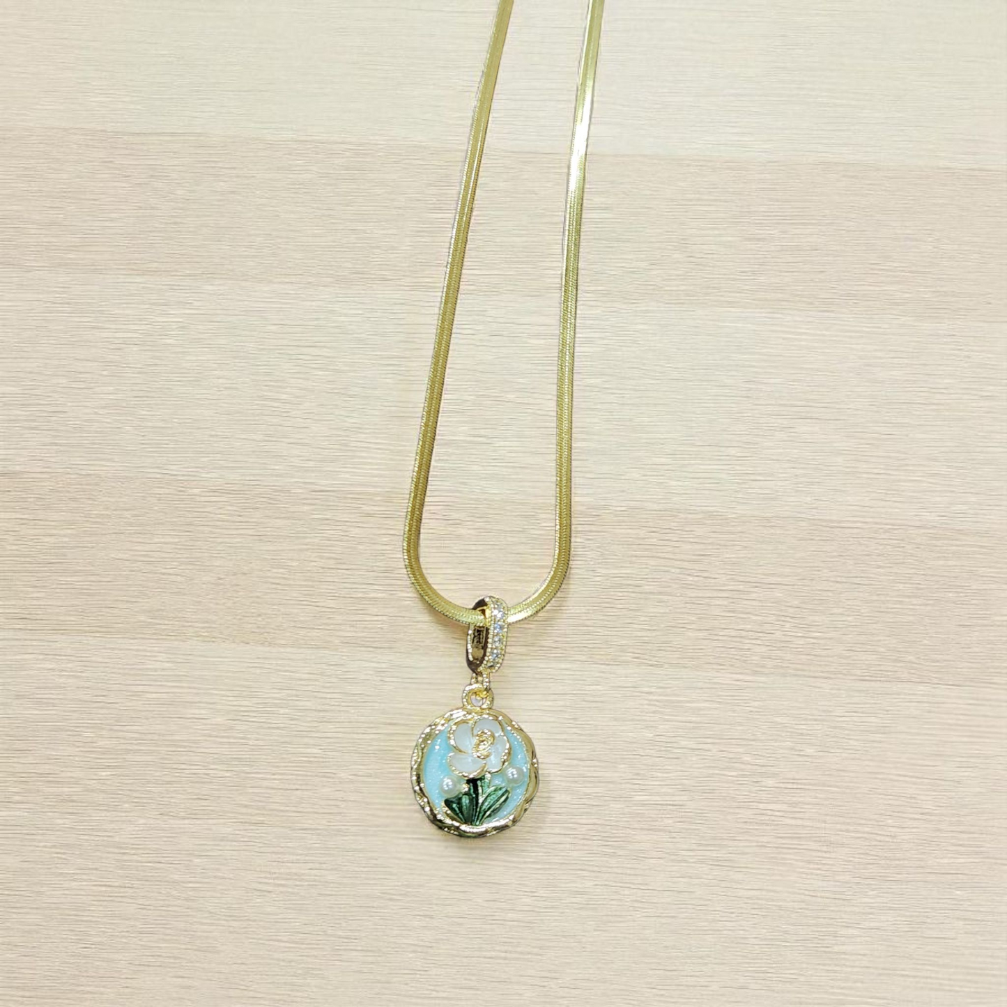 Anti tarnish Necklace with Enamel Aqua Floral Pendant