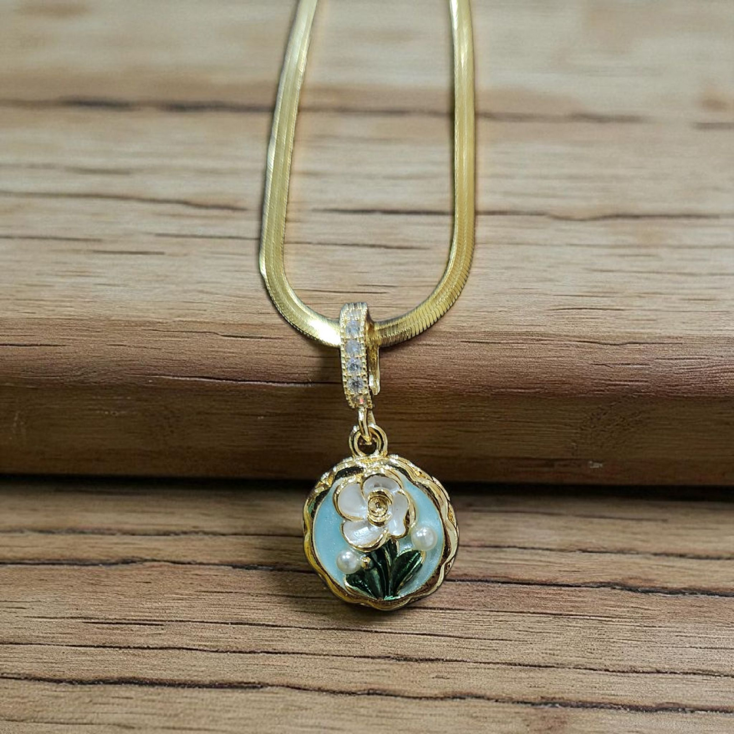 Anti tarnish Necklace with Enamel Aqua Floral Pendant