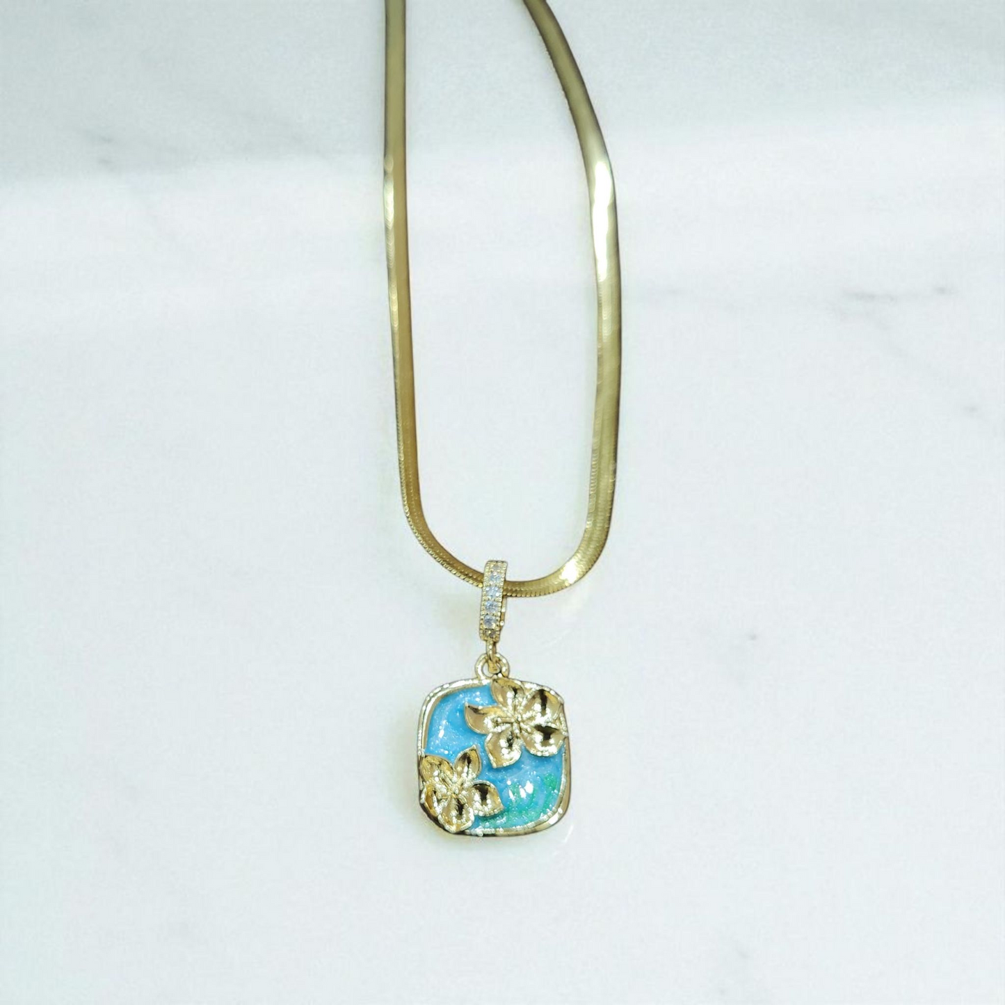 Anti Tarnish Necklace with Blue Enamel Floral Pendant