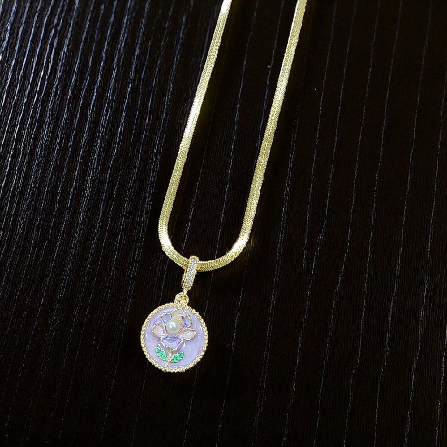Anti Tarnish Necklace with Lavender Enamel Floral Pendant