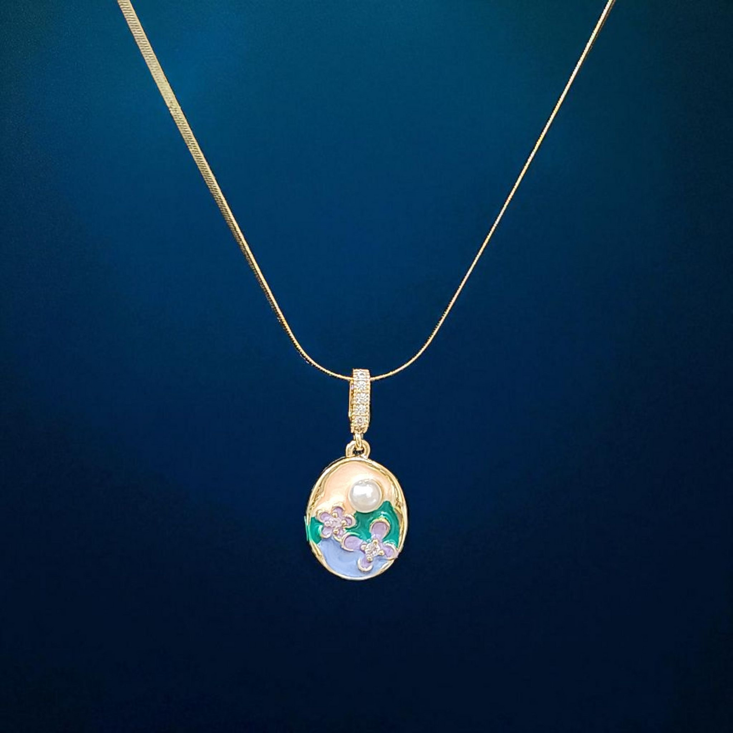 Anti Tarnish Necklace with Oval Enamel Floral Pendant & Pearl