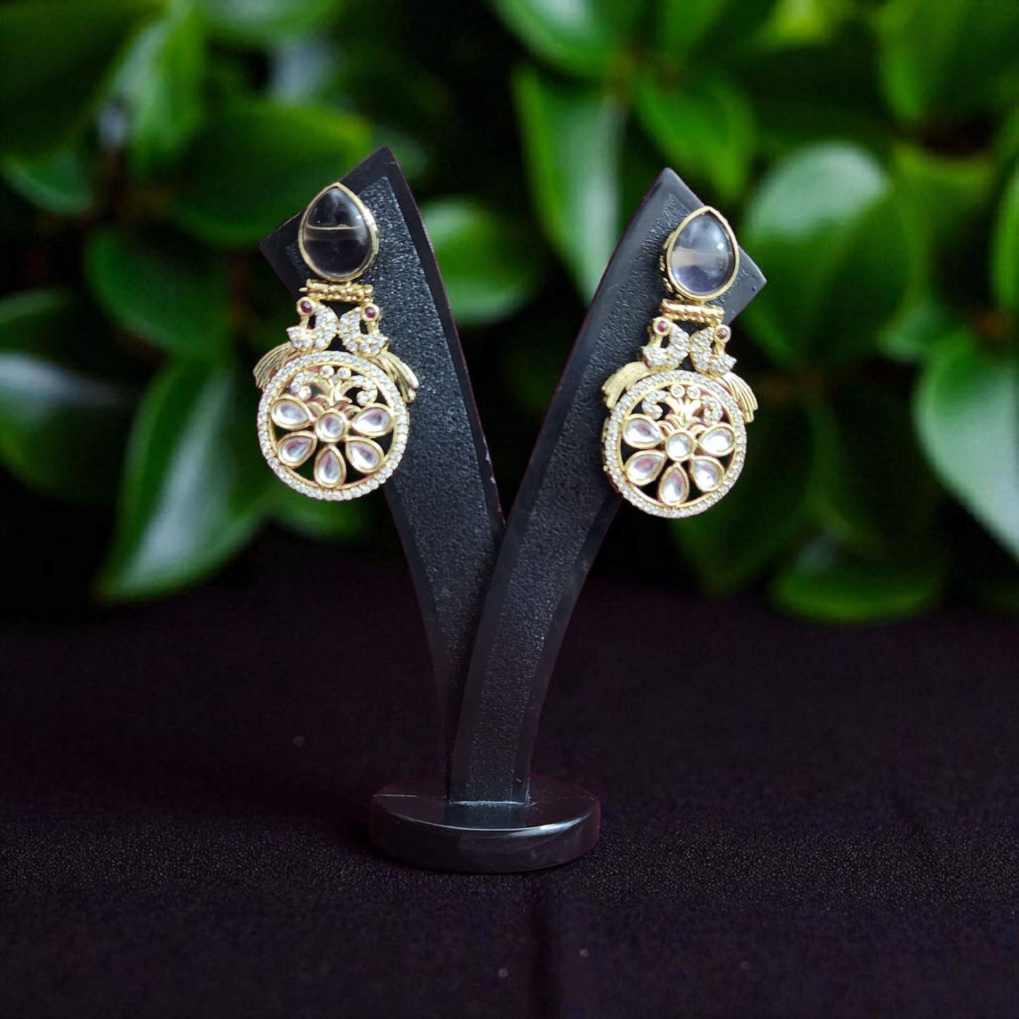Kundan Polki Peacock Earrings Grayish Purple with Floral Golden Design