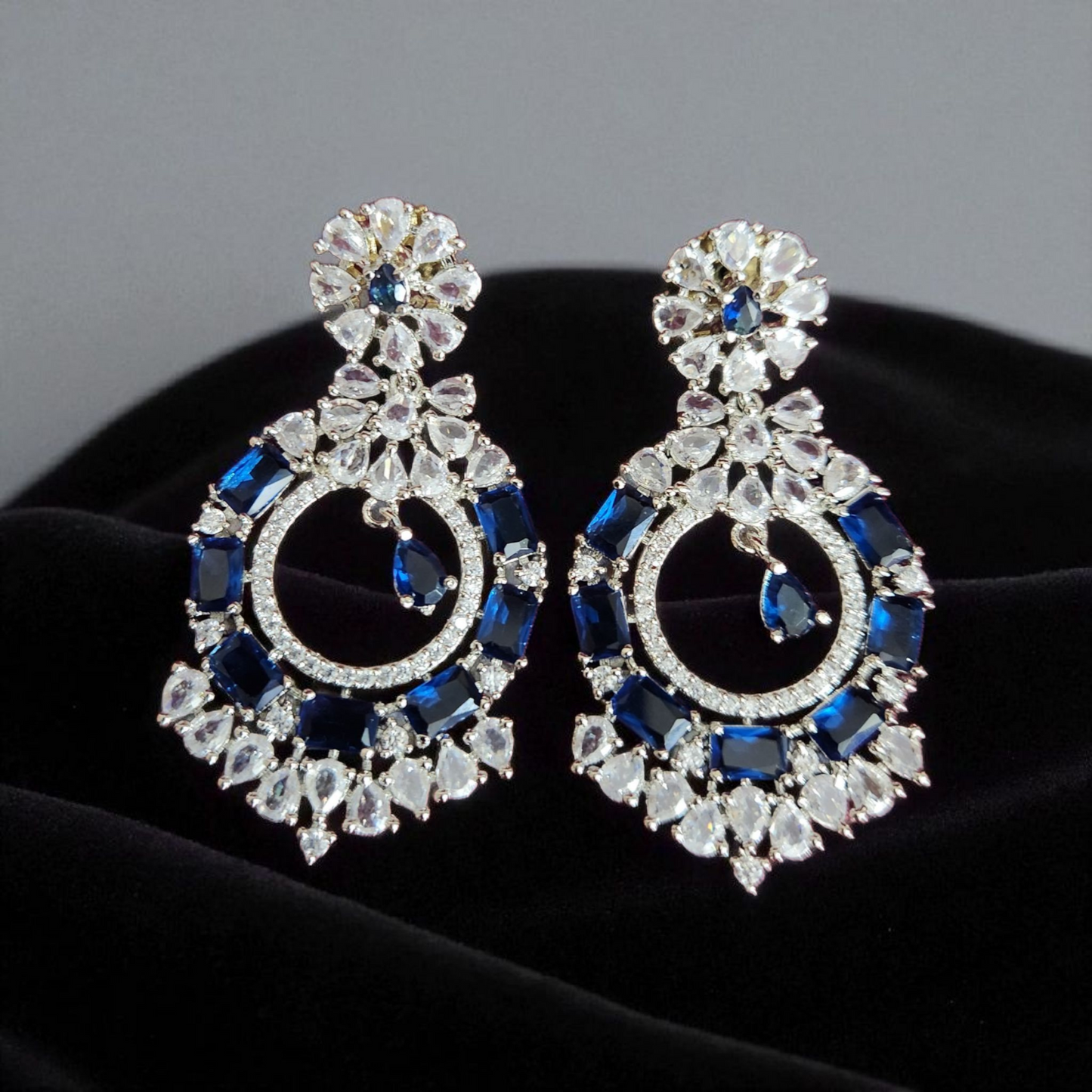 Blue Sapphire AD dangling Earrings with Silver Finish