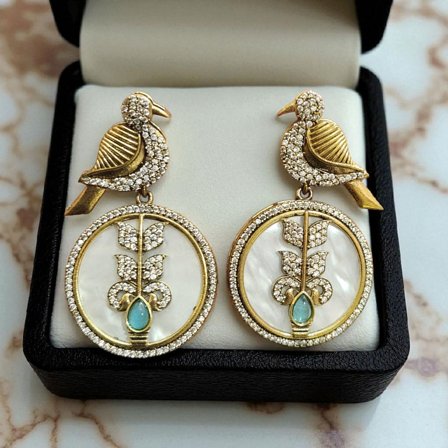 Gold-Plated Bird Motif Earrings with Mother of Pearl & Crystal Accents