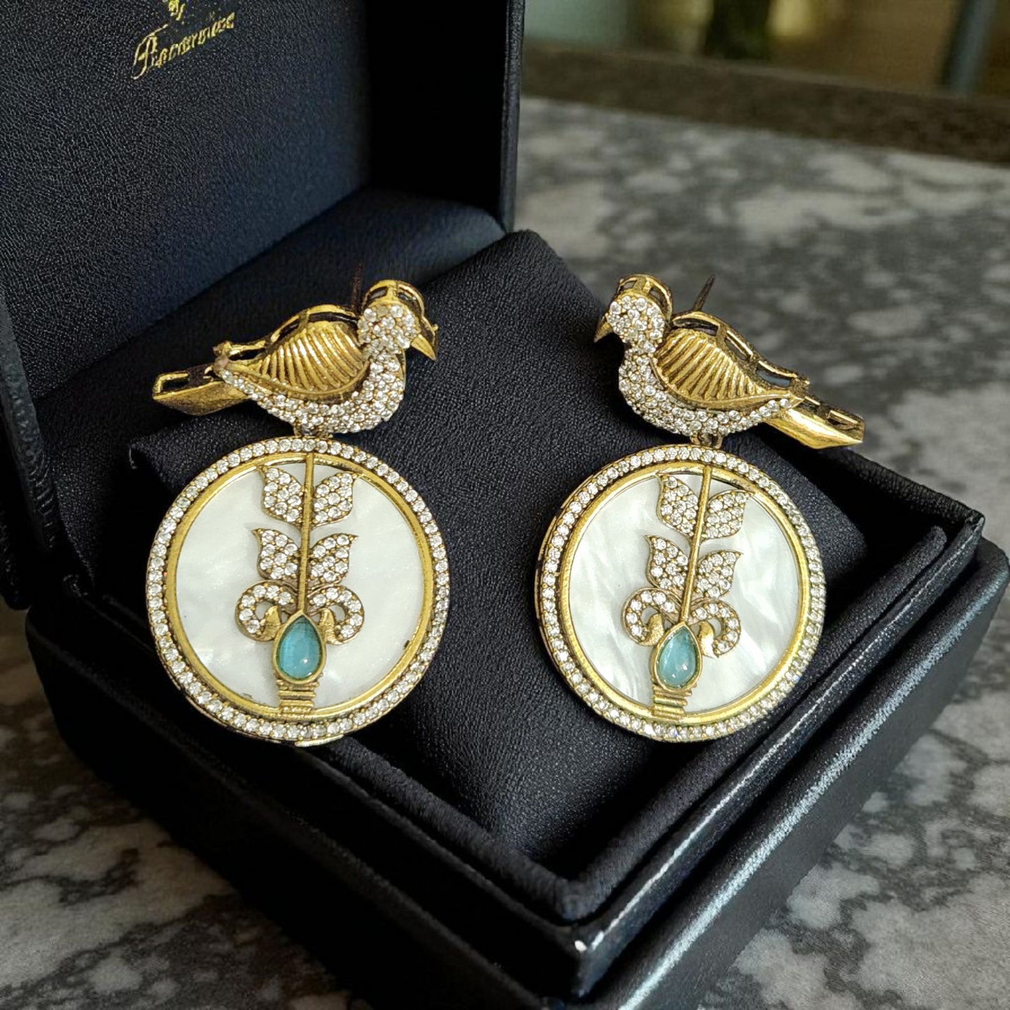 Gold-Plated Bird Motif Earrings with Mother of Pearl & Crystal Accents