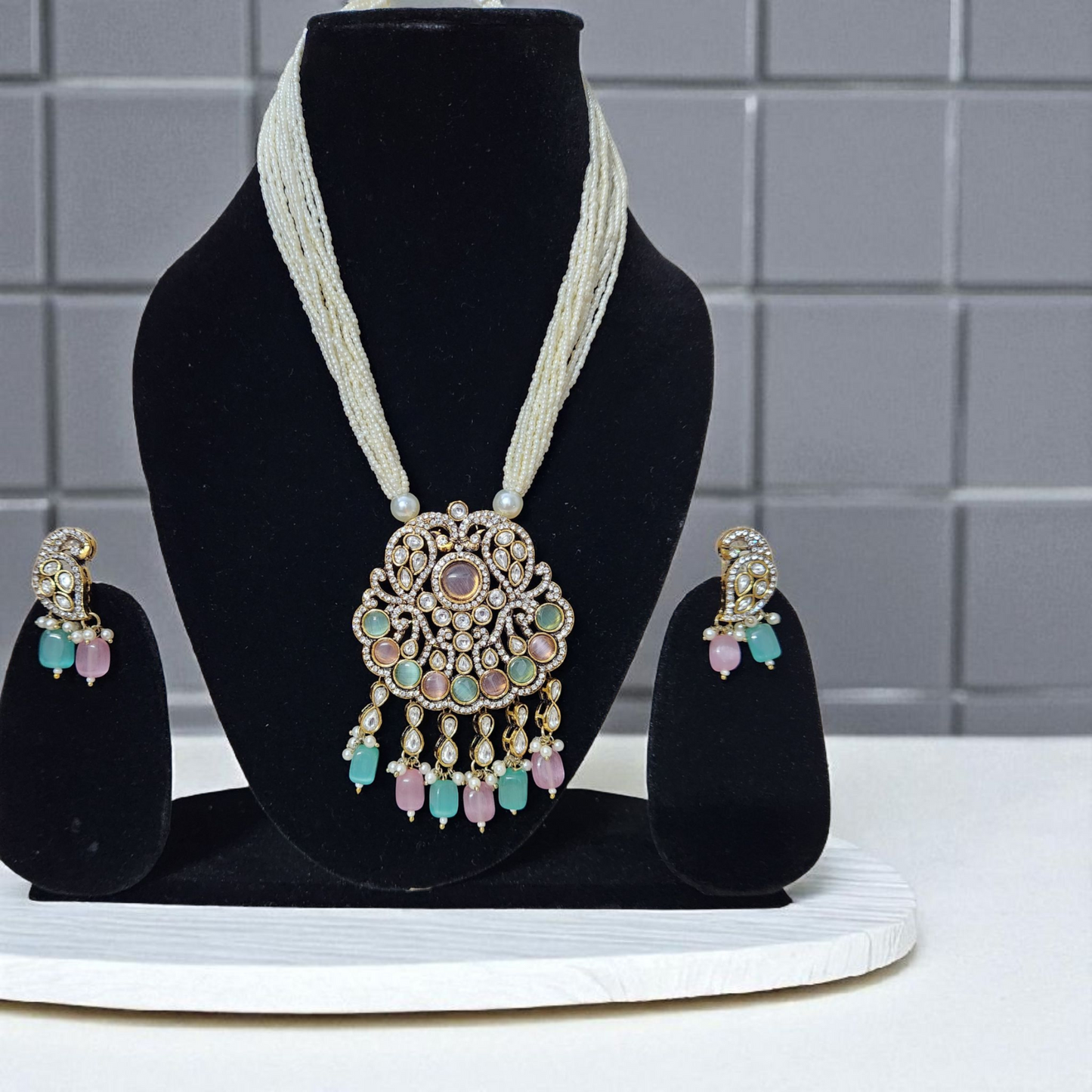 Pearl Beaded Long Kundan, Polki Necklace Set with Pastel Mint Green & Pink Stones Victorian Polish