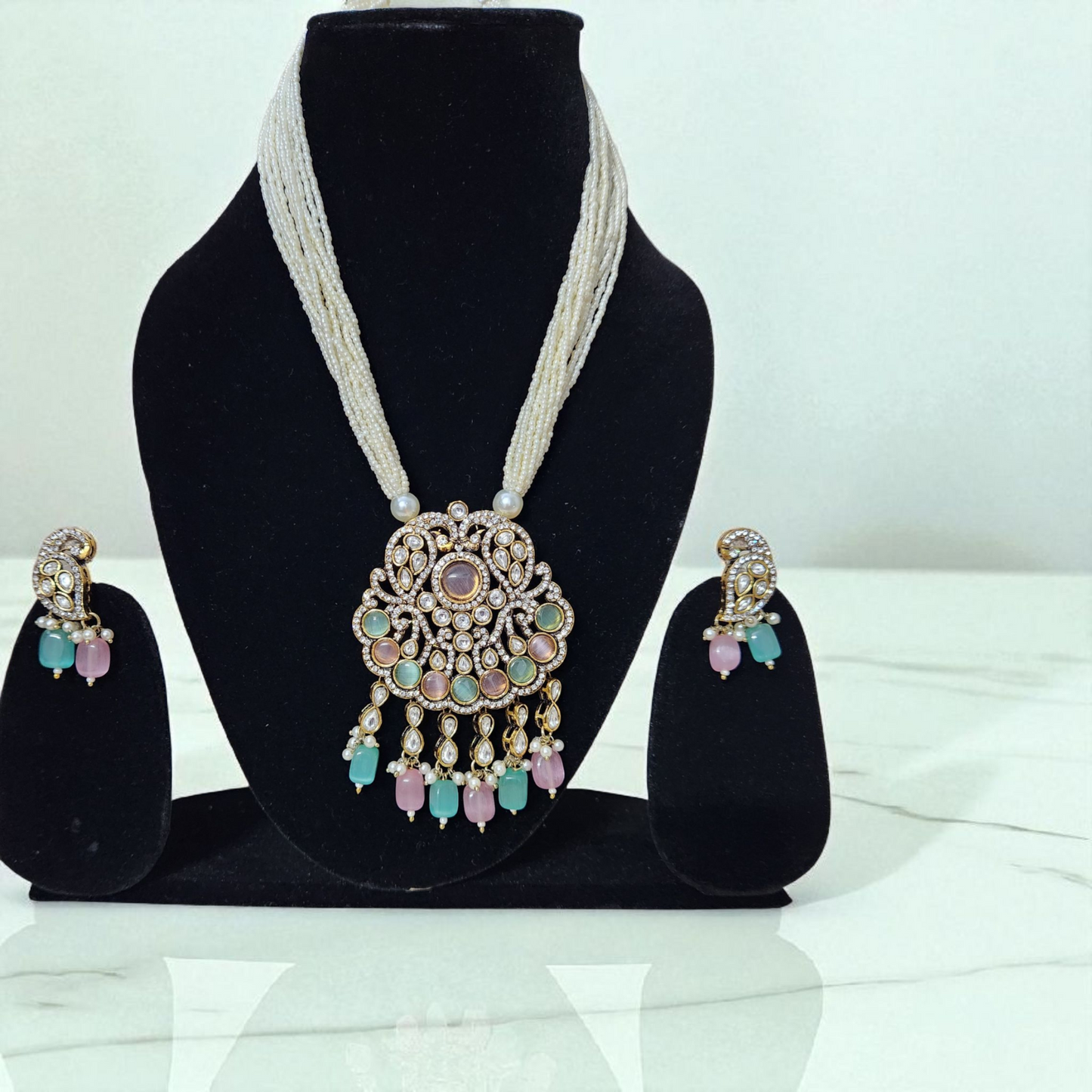 Pearl Beaded Long Kundan, Polki Necklace Set with Pastel Mint Green & Pink Stones Victorian Polish