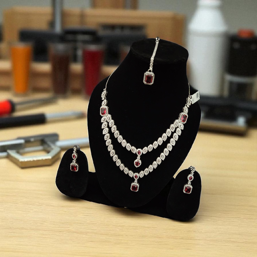 Silver AD Ruby Stone Necklace Set with Maang Tikka