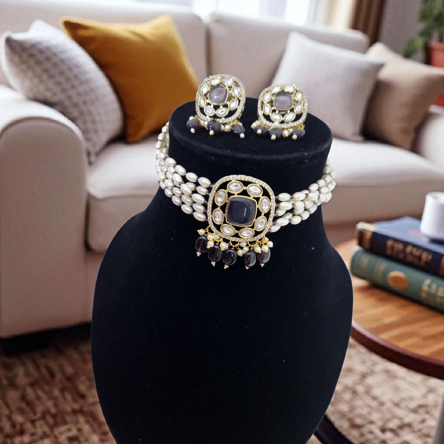 Pearl & Kundan purplr stone Choker Necklace Set – Bridal & Party Jewellary