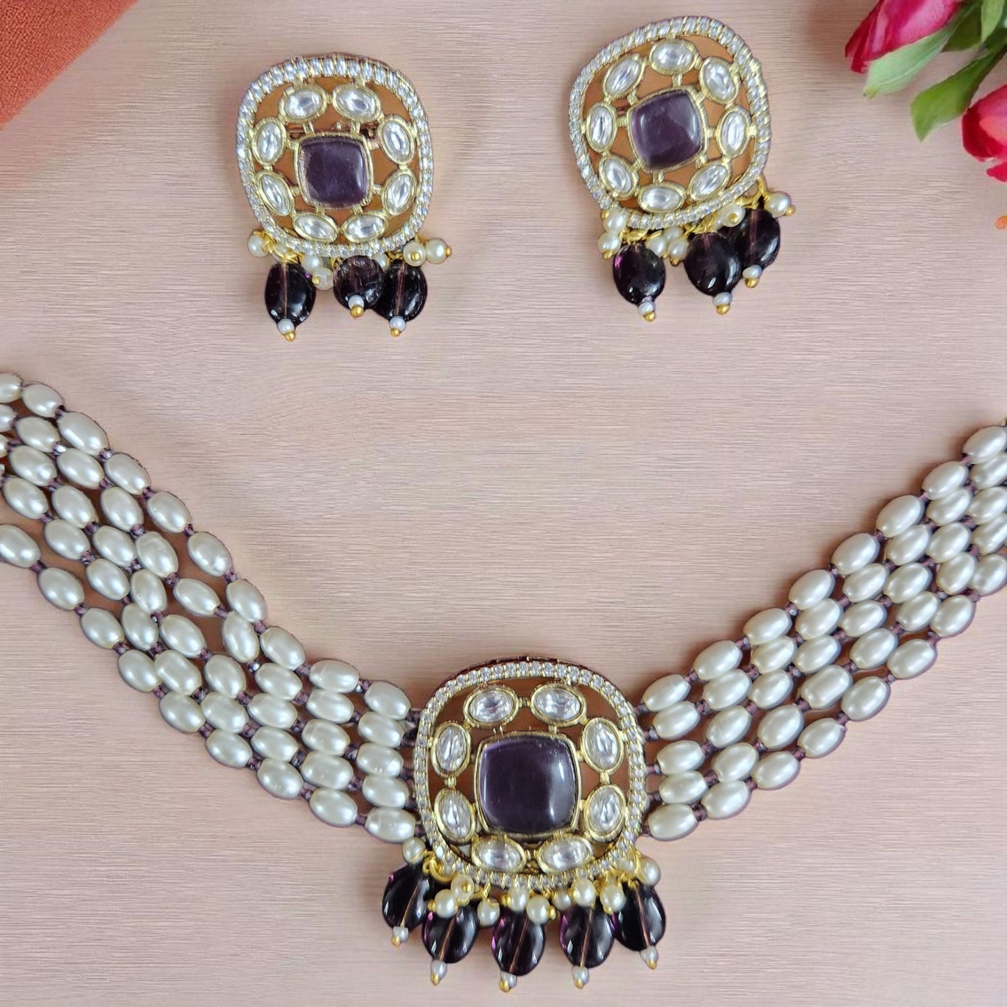Pearl & Kundan purplr stone Choker Necklace Set – Bridal & Party Jewellary
