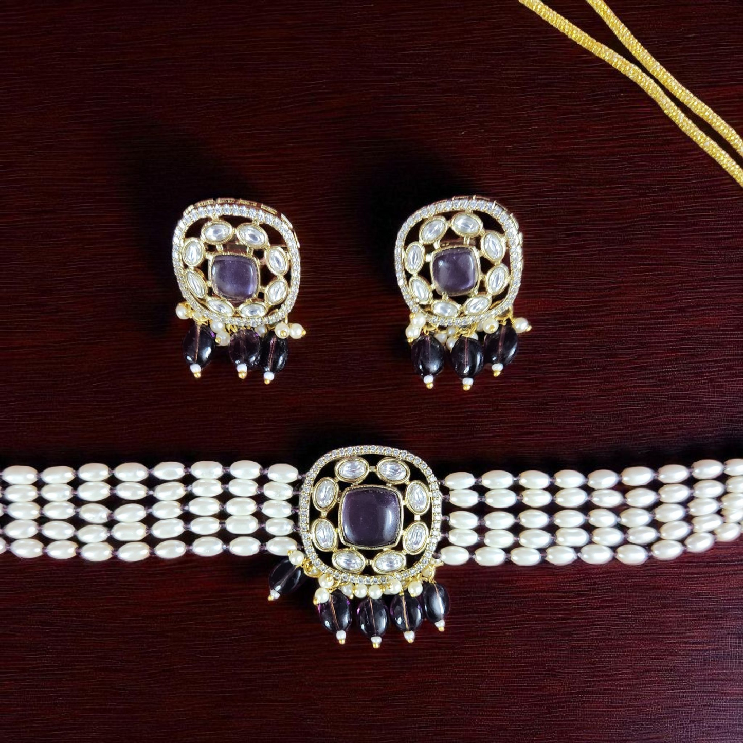 Pearl & Kundan purplr stone Choker Necklace Set – Bridal & Party Jewellary