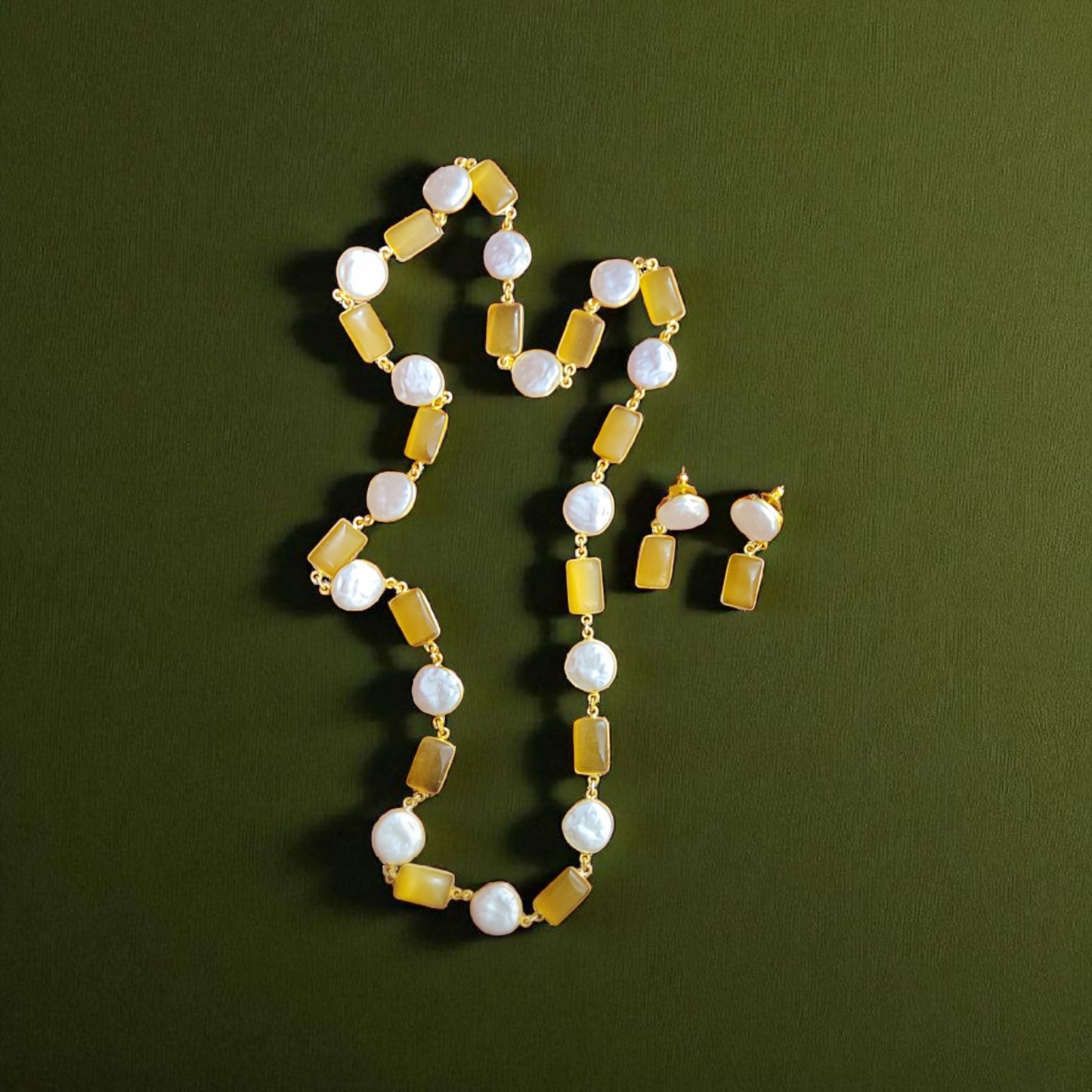 Yellow White Pearl & Gold Geometric Necklace Set – Elegant Party Jewellary