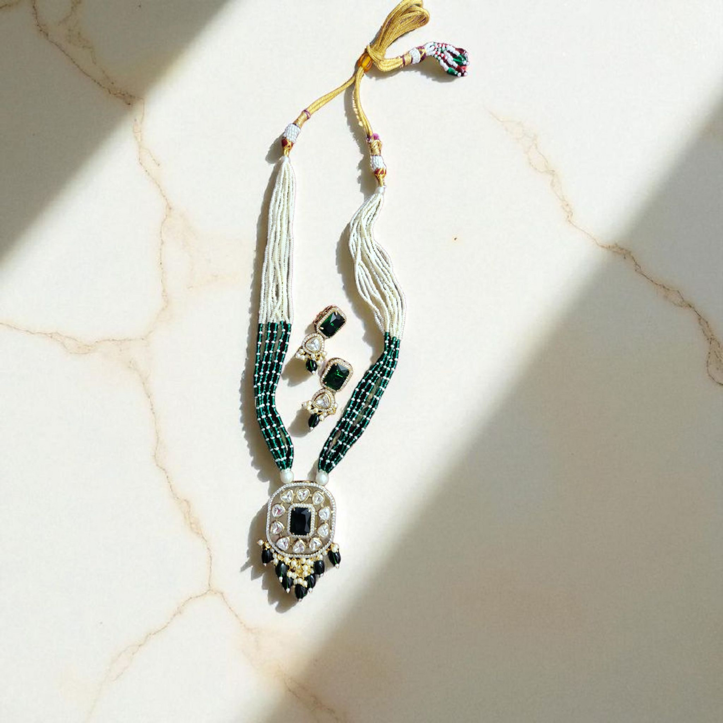 Green Beaded Pearl Kundan Long Necklace Set with Earrings
