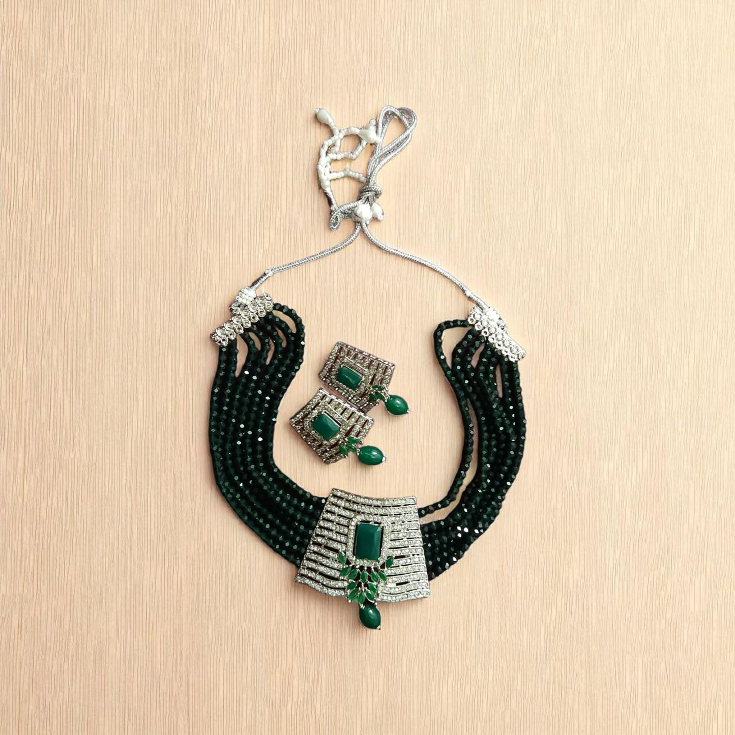 Green Beaded Diamond Choker Necklace Set with Earrings