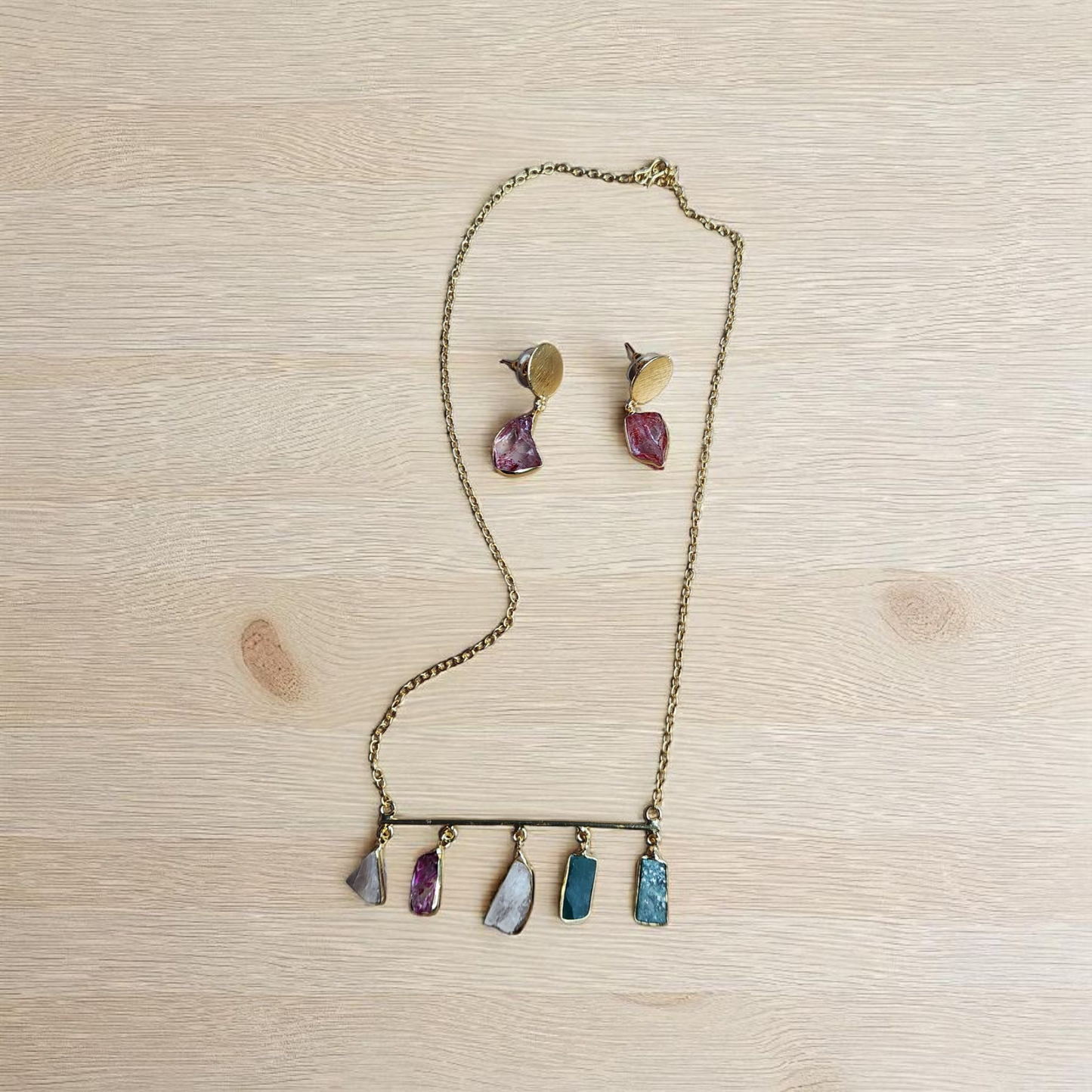 Multi-Color Stone Bar Necklace Set – Minimal Gold Chain with Earrings