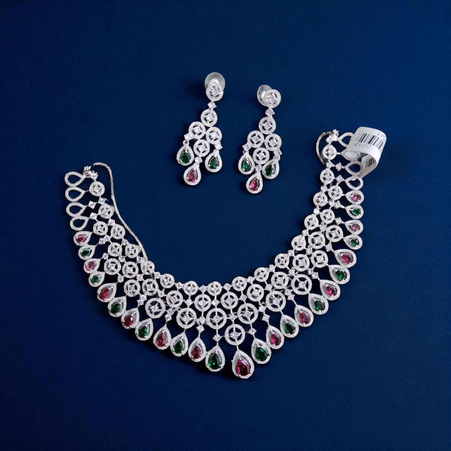 Dual-Tone white silver finish Teardrop Ad diamond Necklace Set – Green & Pink Stone with Earrings