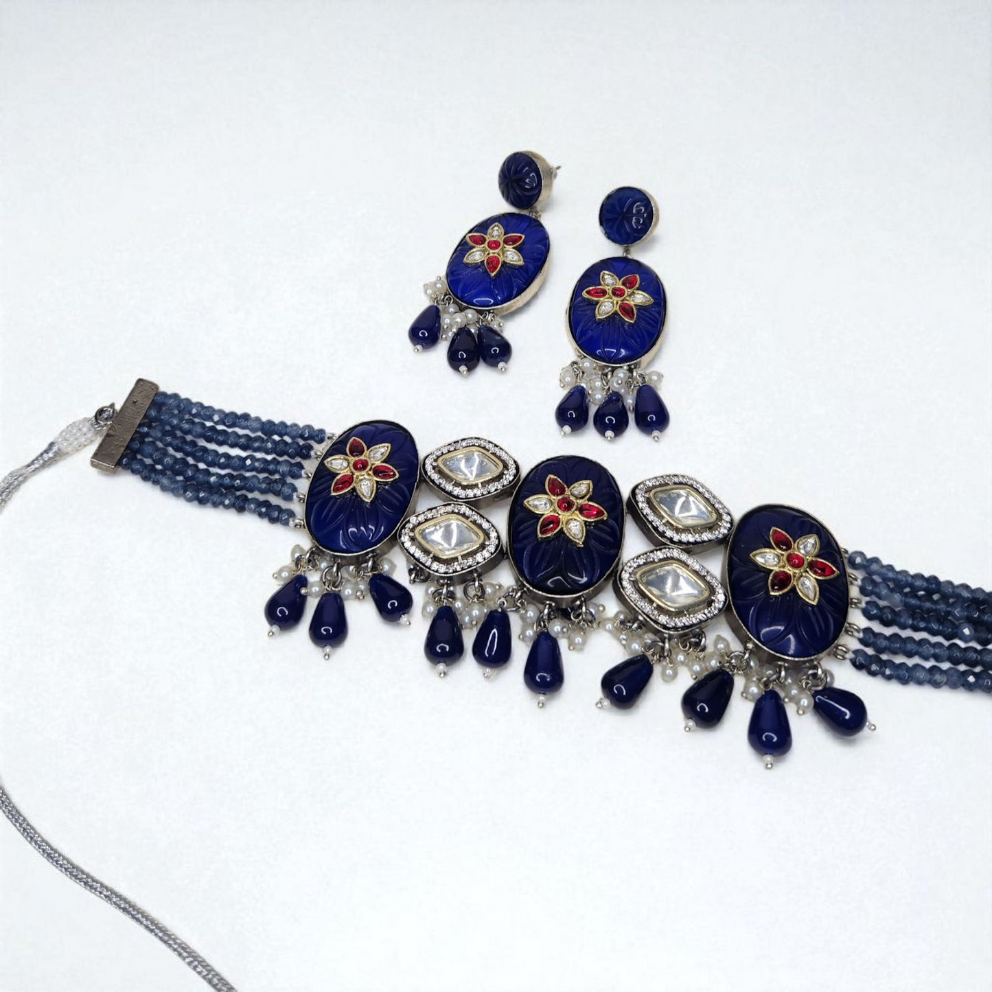 Blue & Red stone tanjore AD Floral Kundan Choker Necklace Set – With Matching Earrings