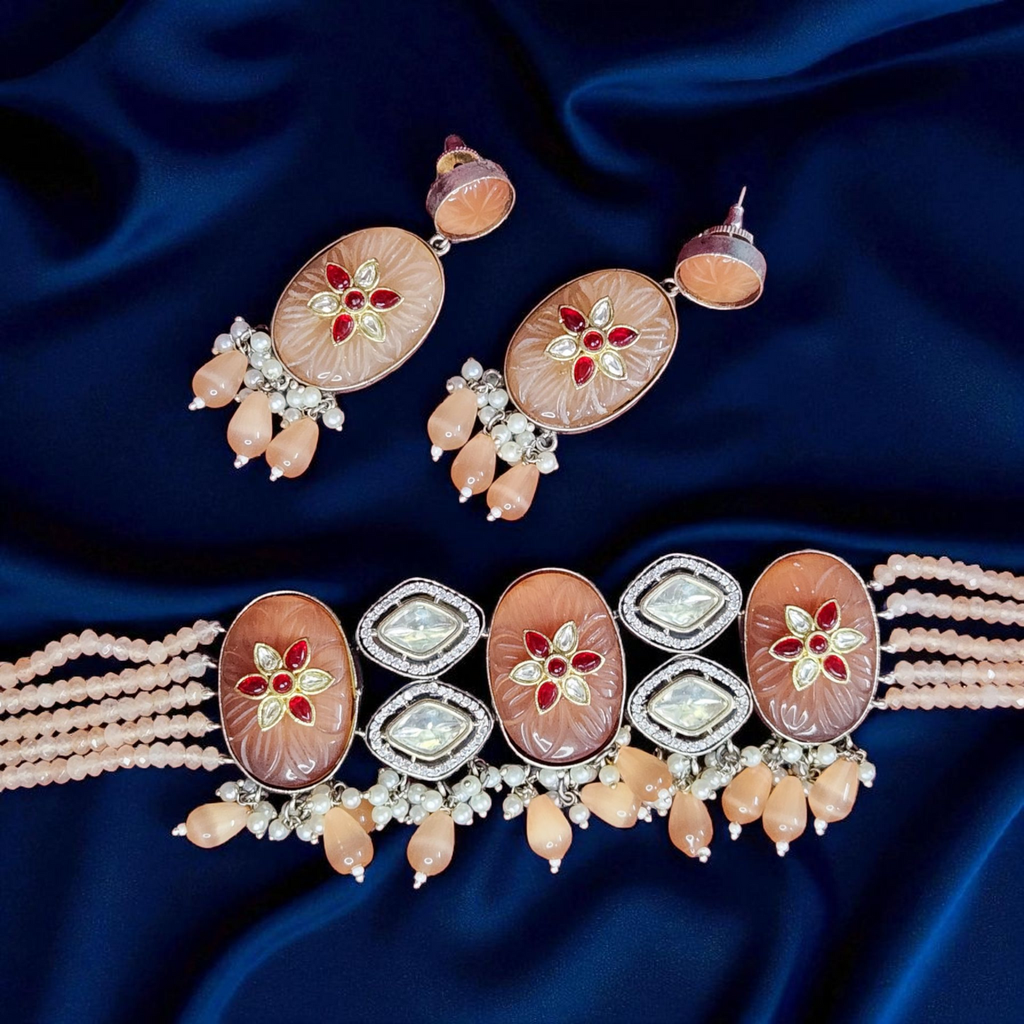 Peach Floral Kundan stone tanjore AD Choker Necklace Set – With Matching Earrings