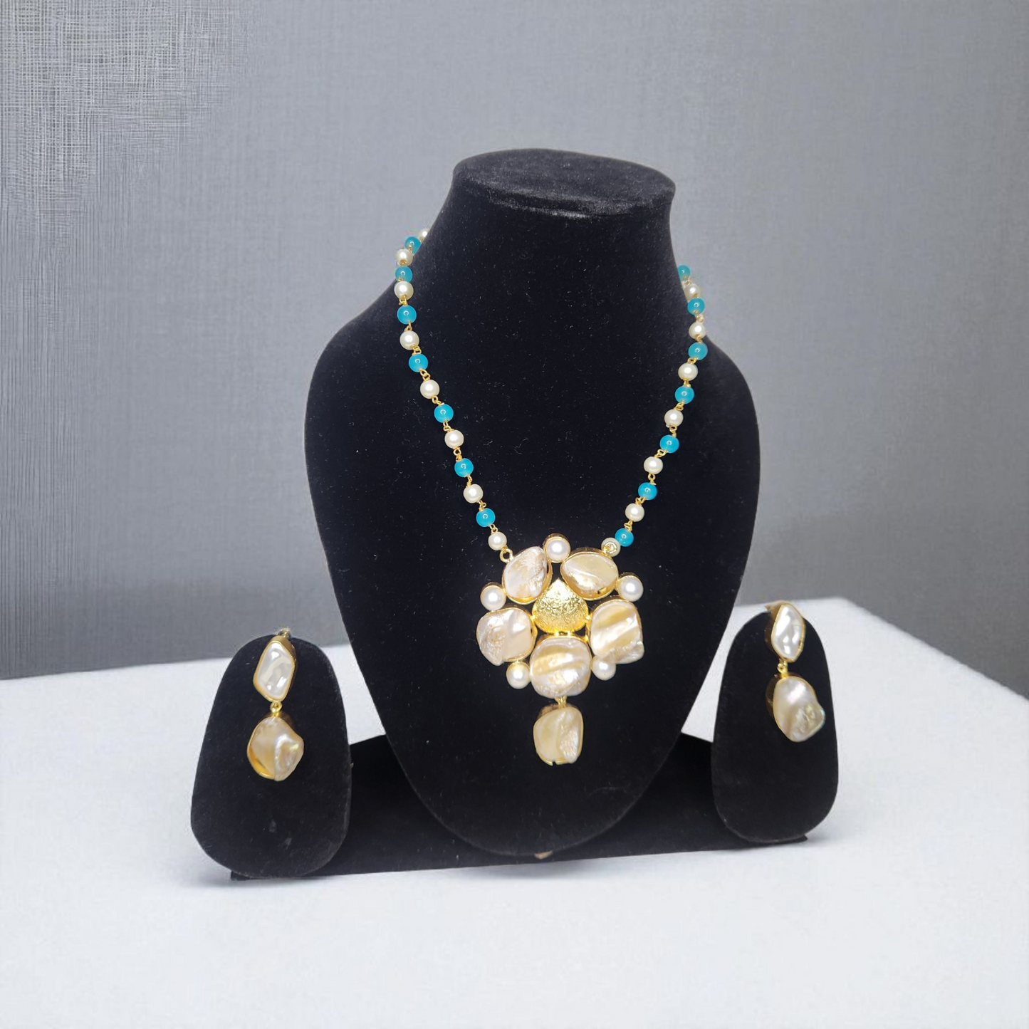 Raw uncut golden baroque pearl & Turquoise Floral Necklace Set – With Matching Earrings