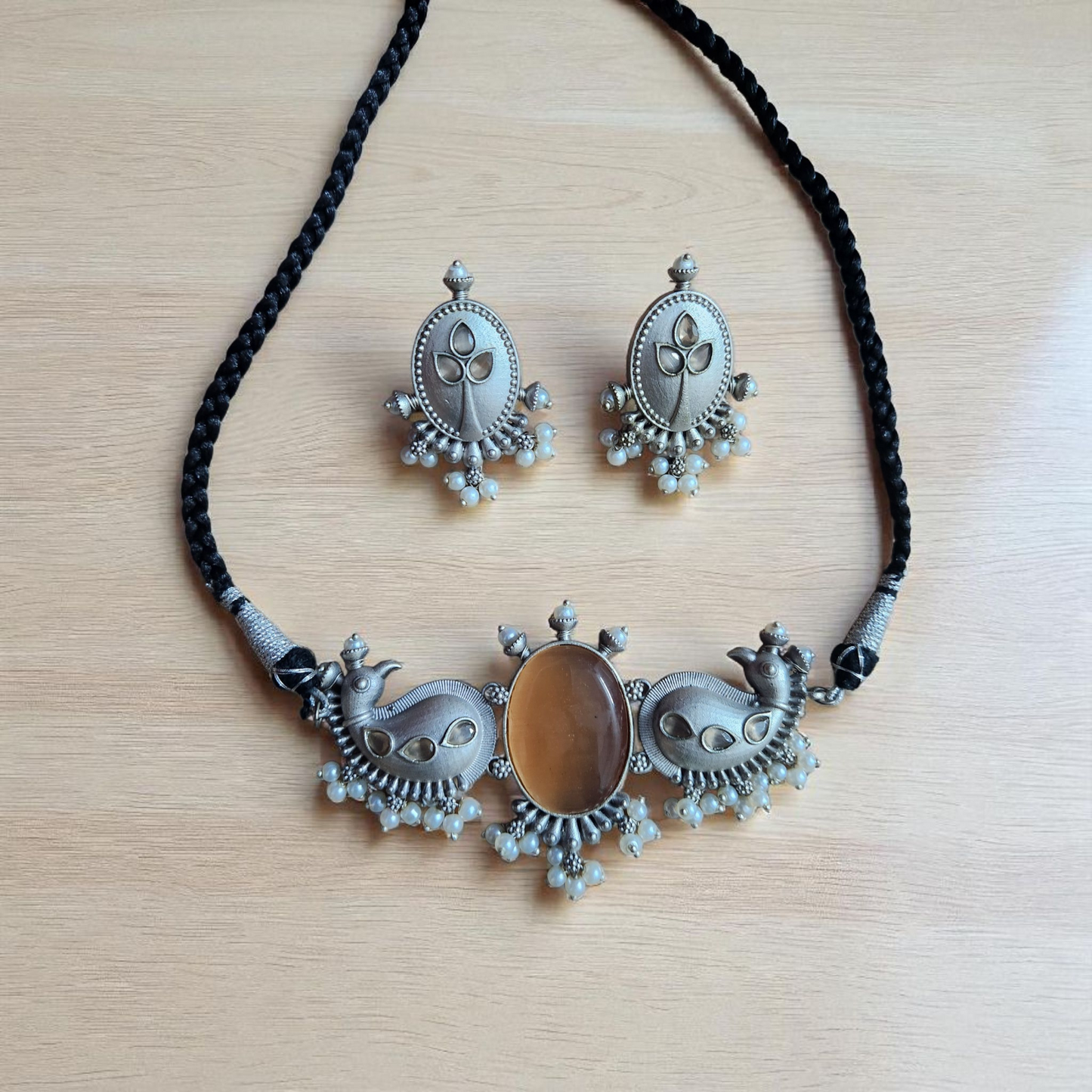 Oxidised Peacock peach stone Motif Necklace Set – With Matching Earrings