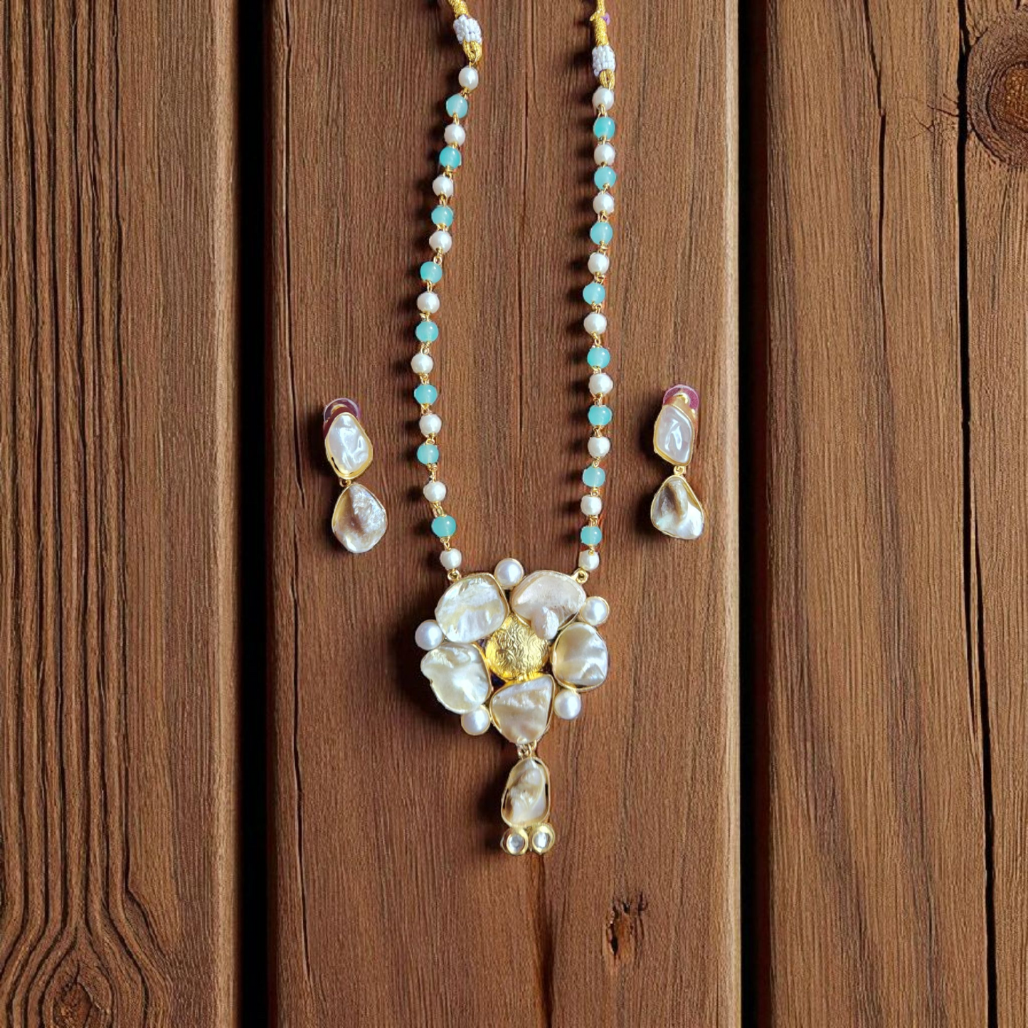 Golden uncut mother of pearl stone aqua green Floral Pendant Necklace Set – With Earrings