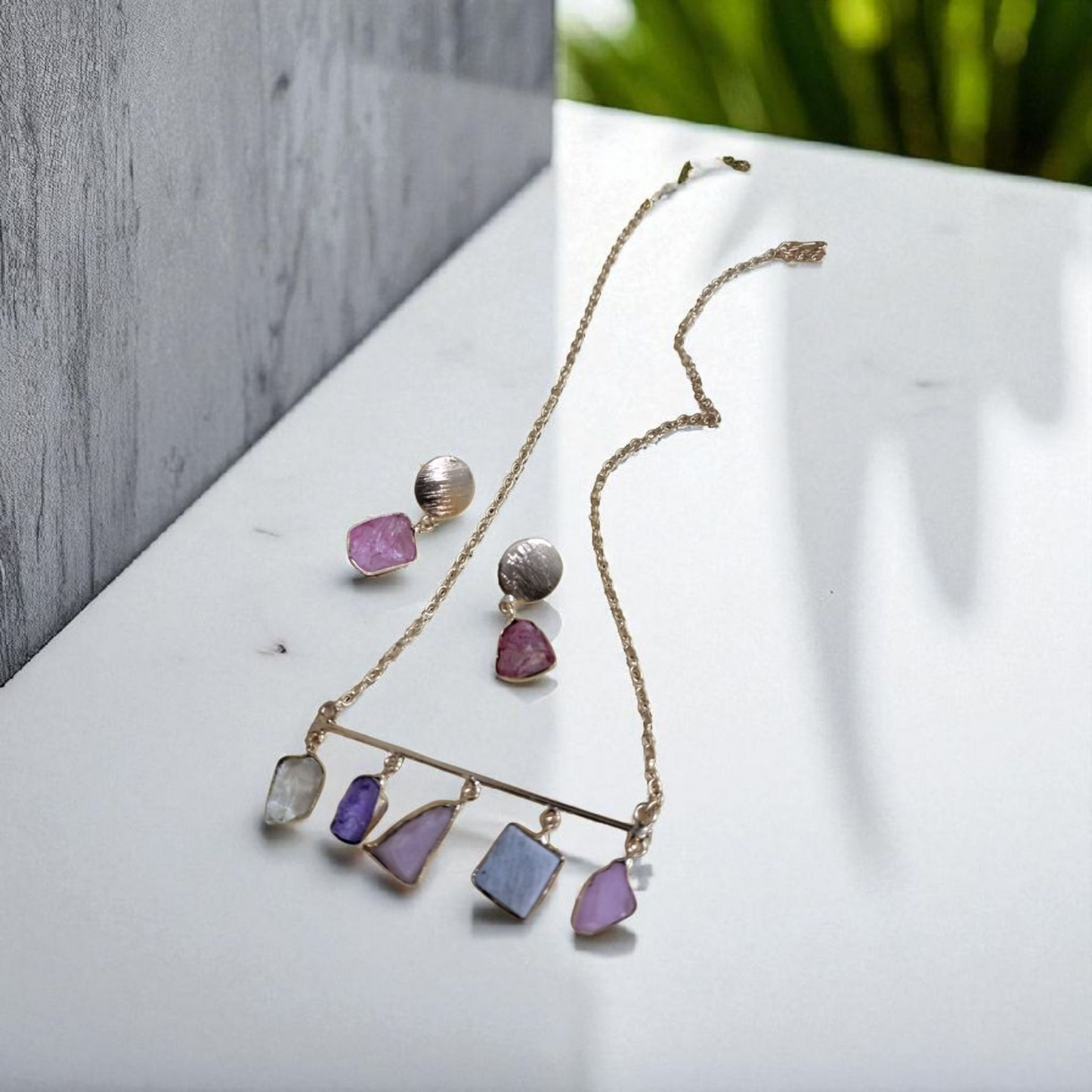 Elegant Raw Stone Necklace & Earring Set – Golden Chain with Multi-Gem Charms