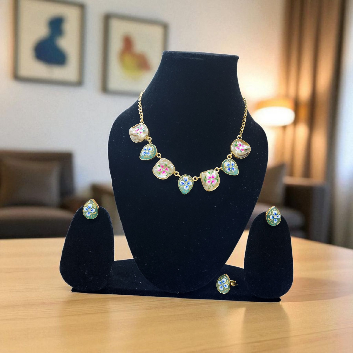 Tanjore Hand-Painted Floral Enamel raw green moon stone uncut Necklace Set – Artistic Jewellary with Earrings