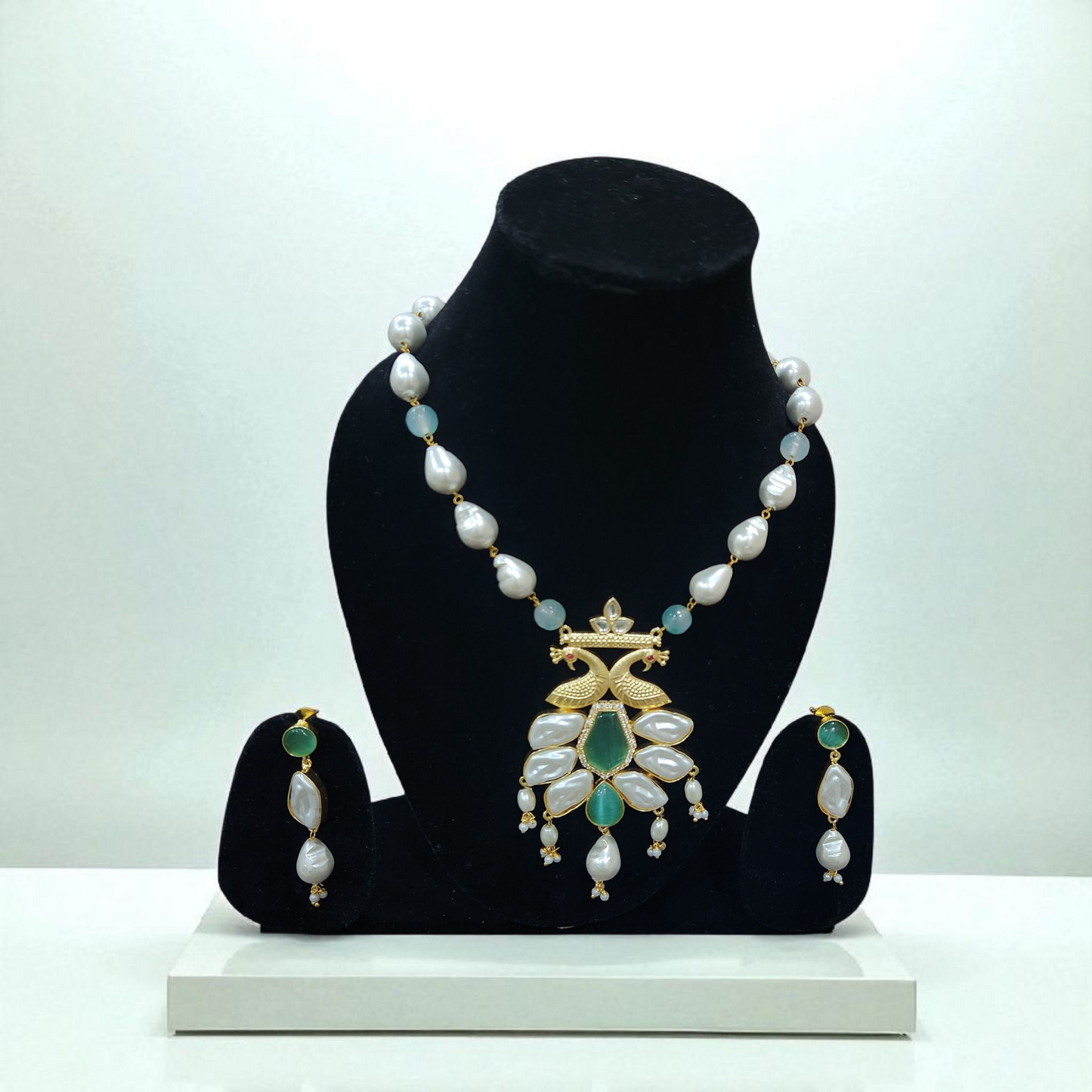 Raw Pearl & Green bead Stone Peacock Necklace Golden touch Set – Elegant Jewellary with Earrings