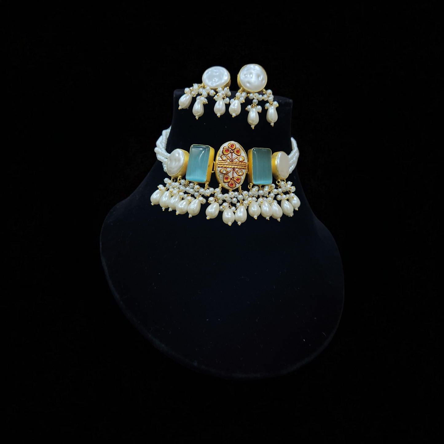 Pearl & Aqua Kundan stone tanjore Enamel Choker Set – With Floral Centerpiece and Earrings