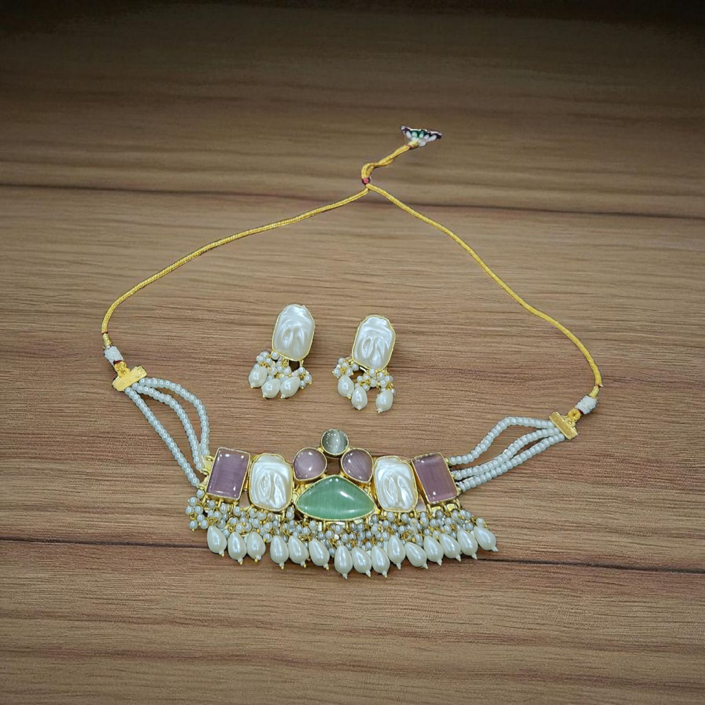 Pearl & Multistone aqua green pink white Choker Set – Green, Pink & Mother-of-Pearl with Earrings