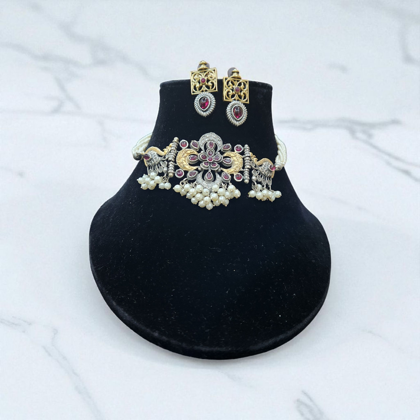 Pearl & Ruby Peacock brass silver dual tone oxidised Choker Set – Floral Design with Matching Earrings