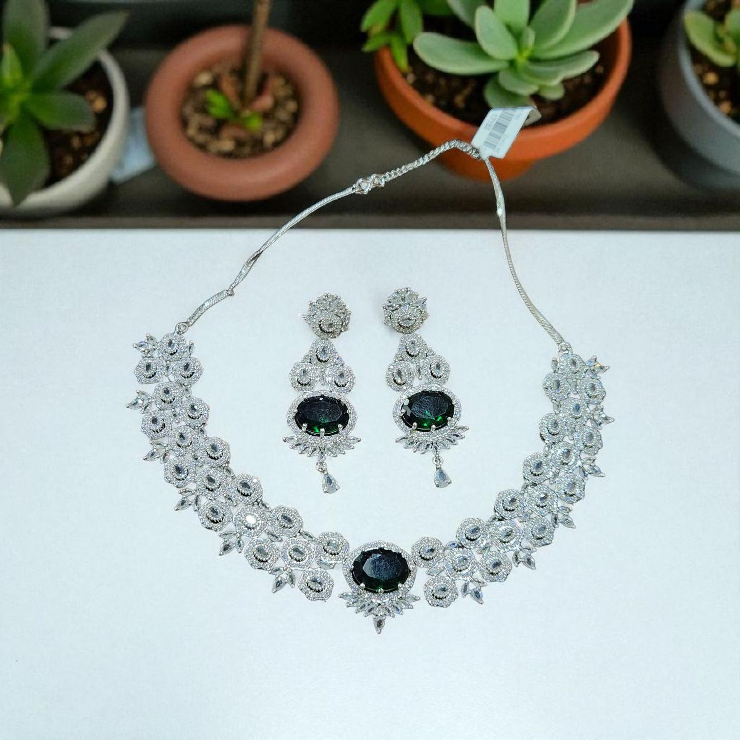 Diamond-Style Green Emerald AD Stone Necklace Set – Elegant CZ Bridal Jewellary
