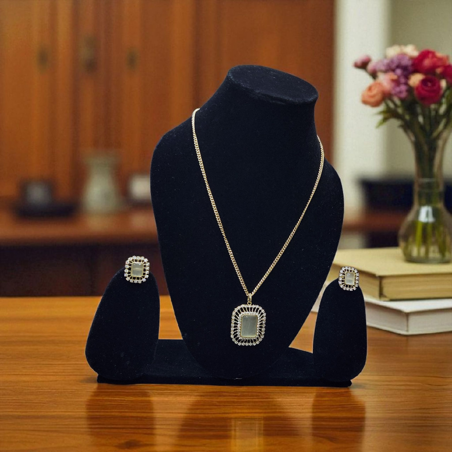 Classic Pendant Necklace Set with Square Moon Stone, AD Gold Polish & Matching Earrings