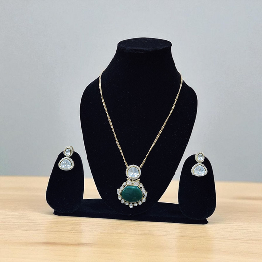 Gold Polish Pendant Necklace Set with Green Stone & Kundan AD Accents