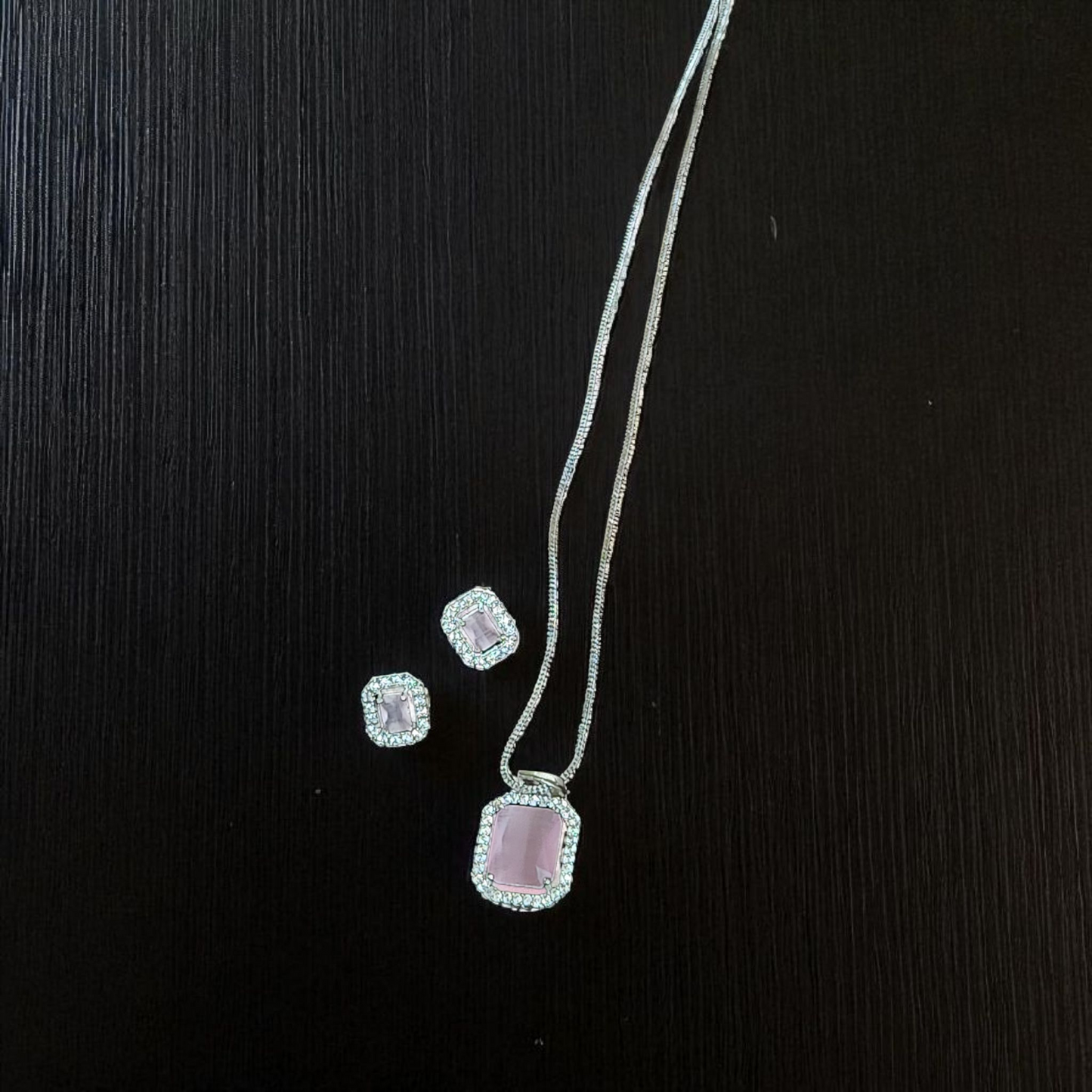 Pink Stone AD Pendant Set with Earrings – Elegant Silver Finish