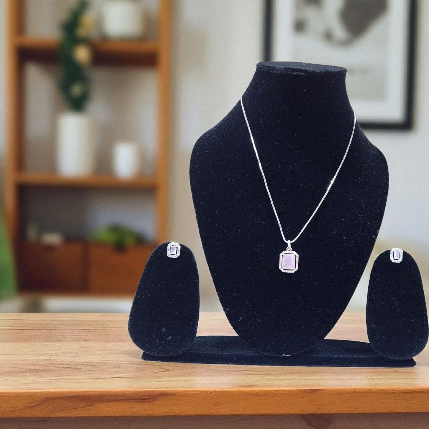 Pink Stone AD Pendant Set with Earrings – Elegant Silver Finish