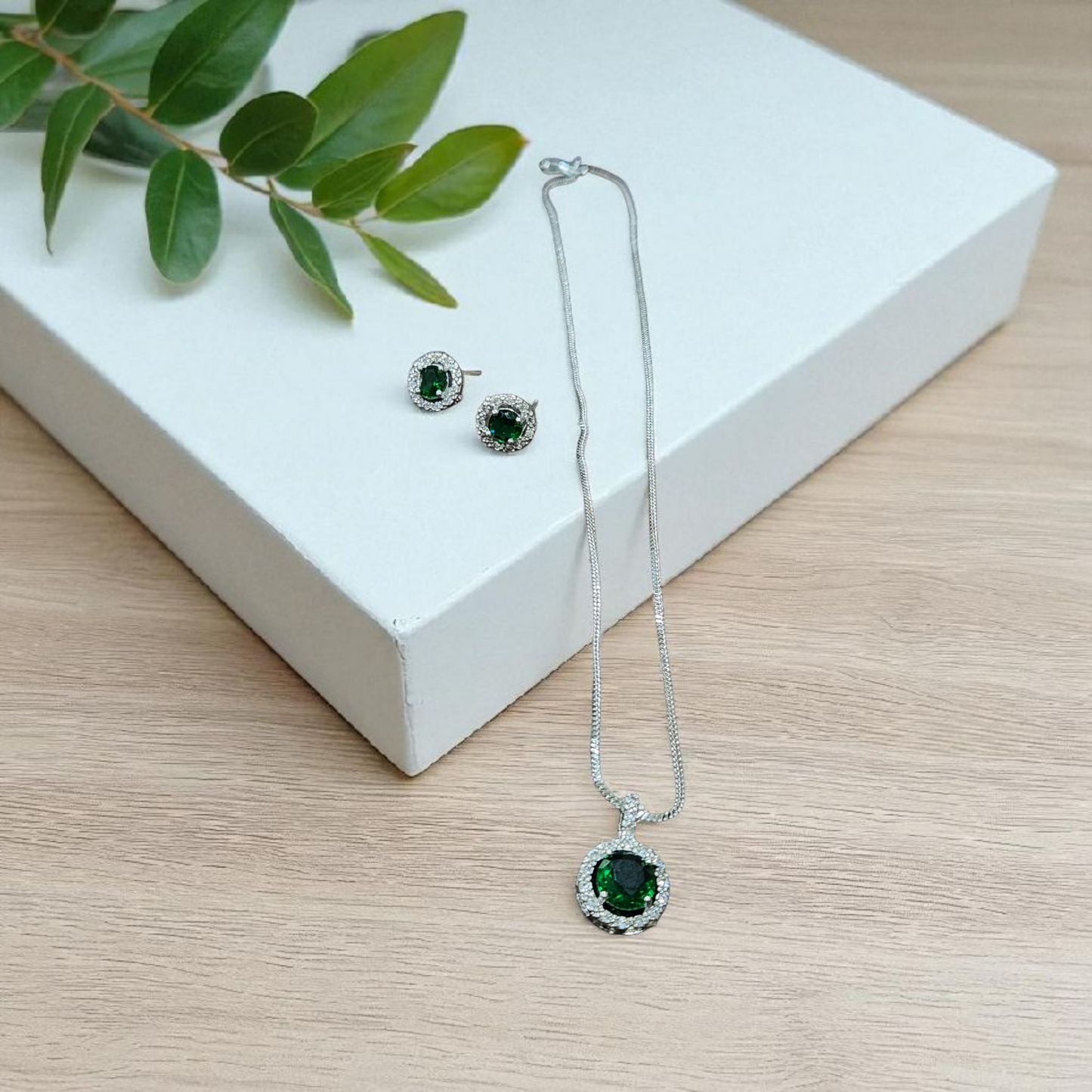 Round Green AD Stone AD Pendant Set with Earrings – Silver Finish