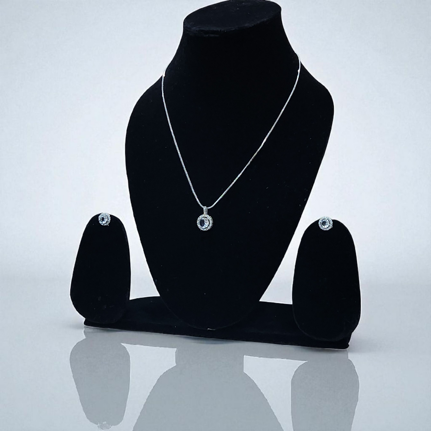 Round White Stone Pendant AD Set with Earrings – Elegant Silver Finish