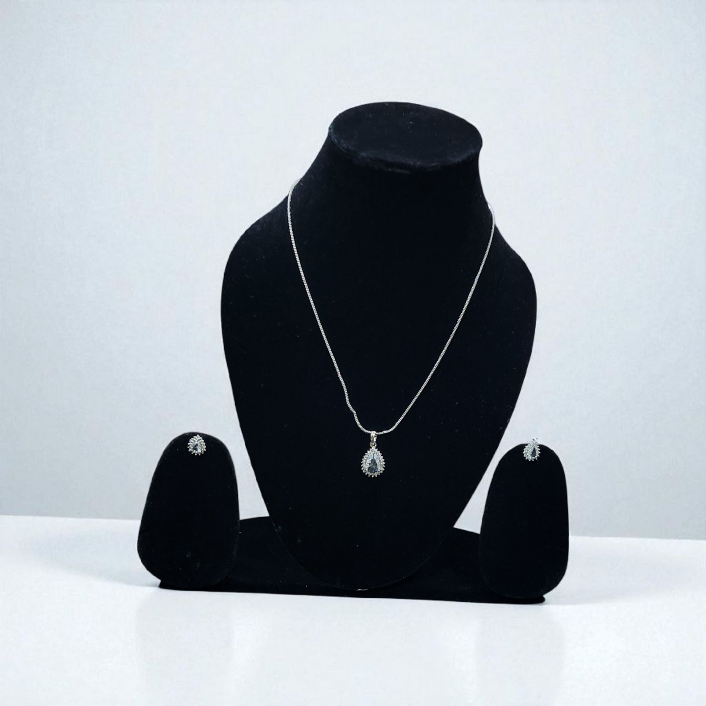 Teardrop White Crystal Pendant AD Set with Earrings – Elegant Silver Finish
